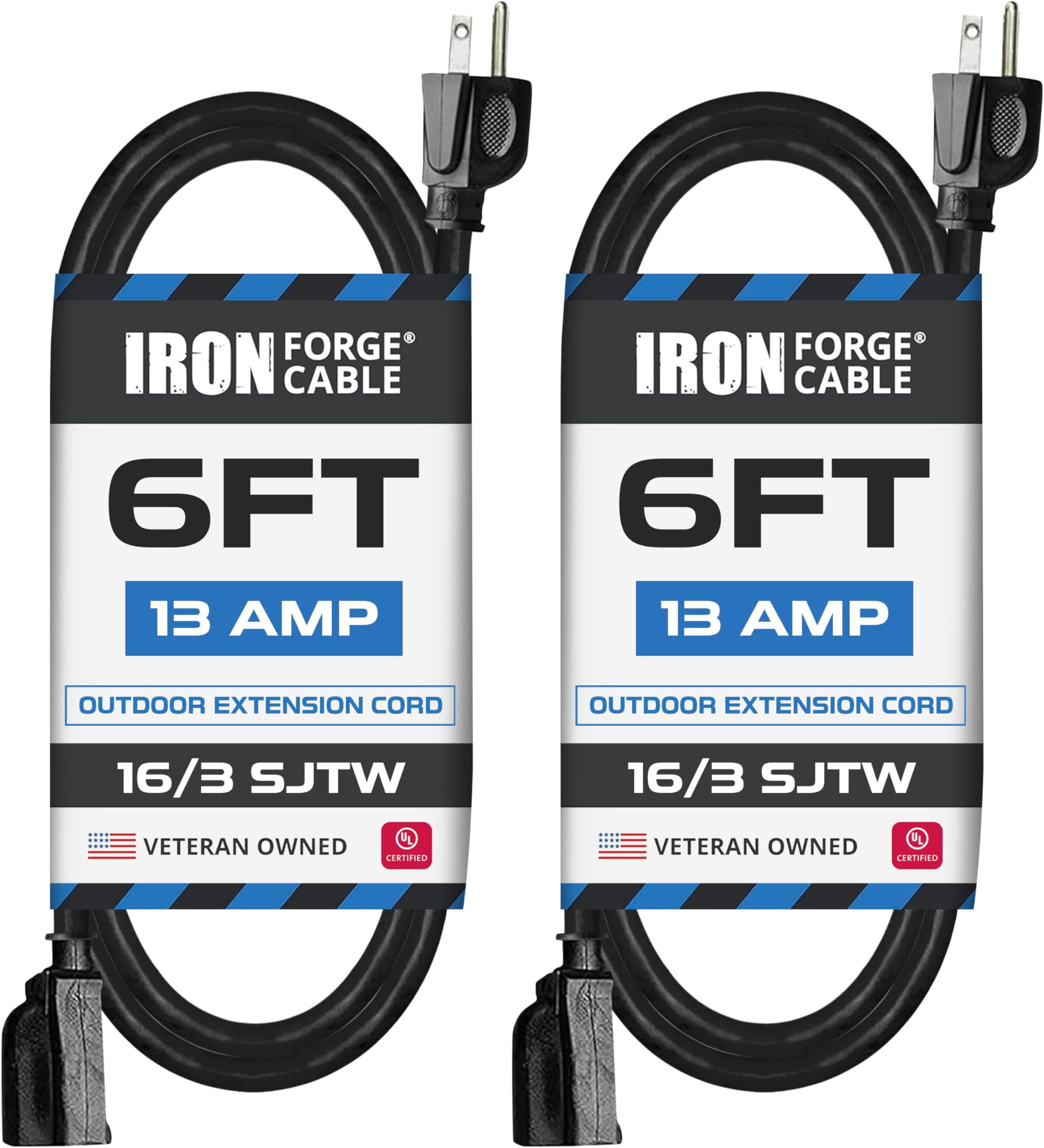 IRON FORGE CABLE 2 Pack of 6 Ft Outdoor Extension Cords - 16/3 Heavy Duty Black Extension Cord Pack