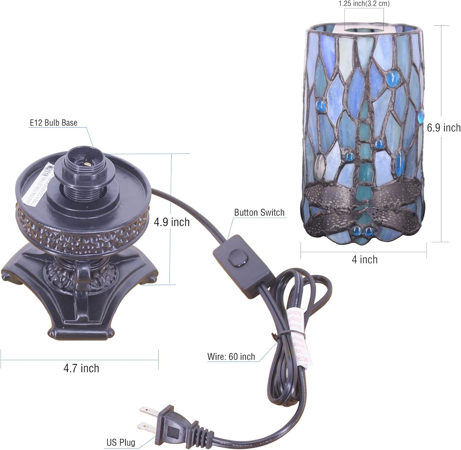 Small Tiffany Table Lamp Sea Blue Dragonfly Style Mini Stained Glass Desk Lamp Memory Sympathy Table Lamp with Cylindrical Shade 4X10 Inch