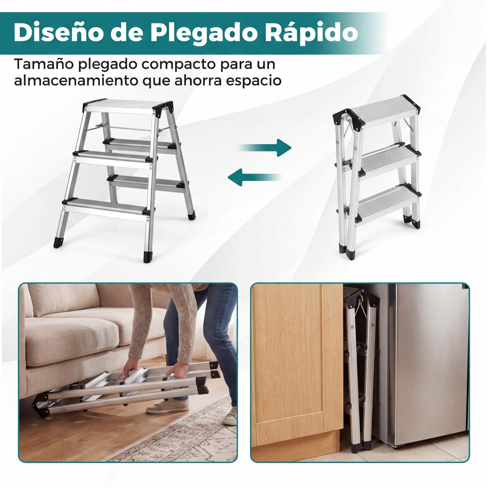 COSTWAY Escalera Plegable de Mano Aluminio, Escalera de Aluminio con 3 Peldaños Pedales Anchos y Patas Antideslizantes, Escalerita Ligera y Portátil para Hogar, Garaje, RV, Carga Máxima 150 kg