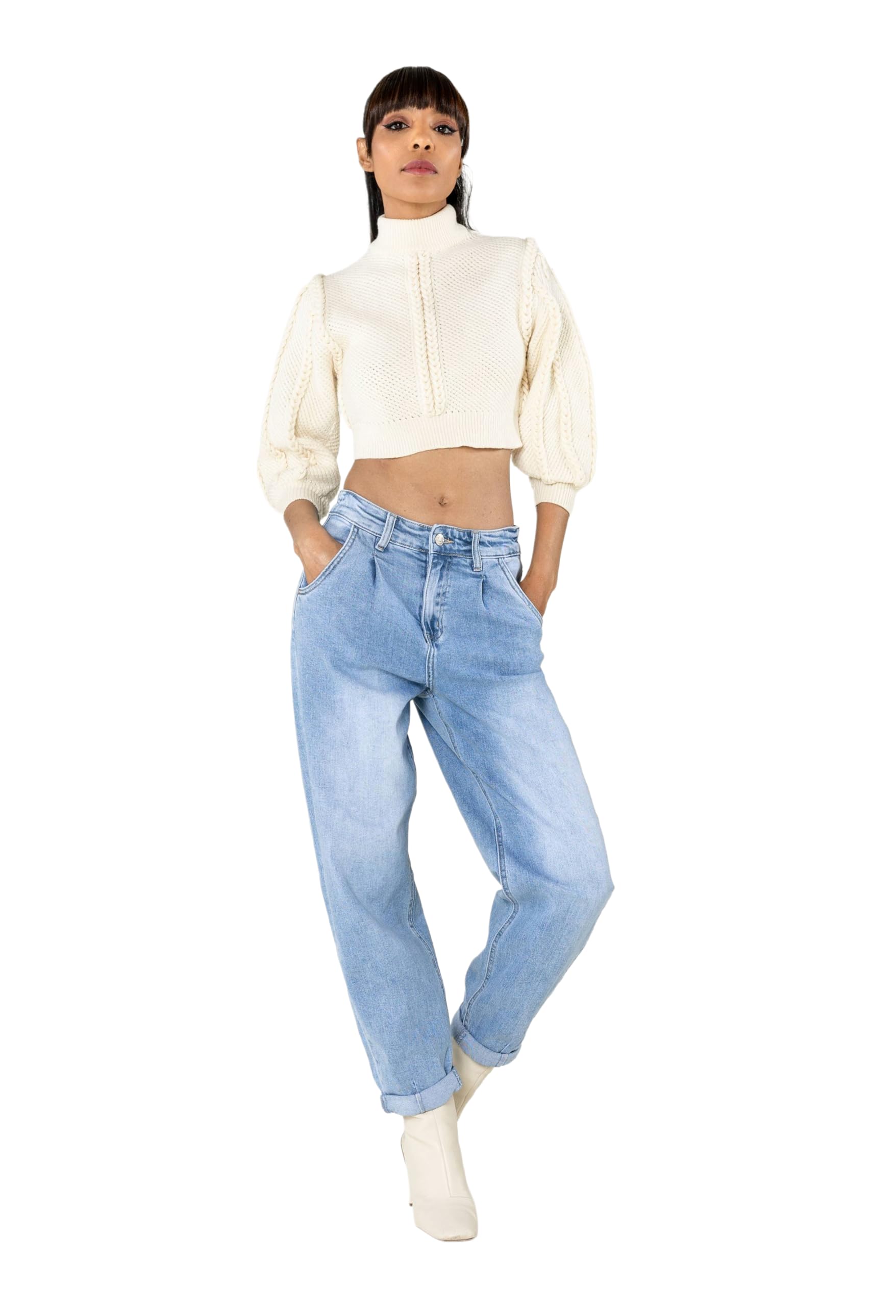 Nina Carter YY303 Damen High-Waist Baggy Jeans – Lässige Weit geschnittene Jeanshose Stretch-Denim Used Look
