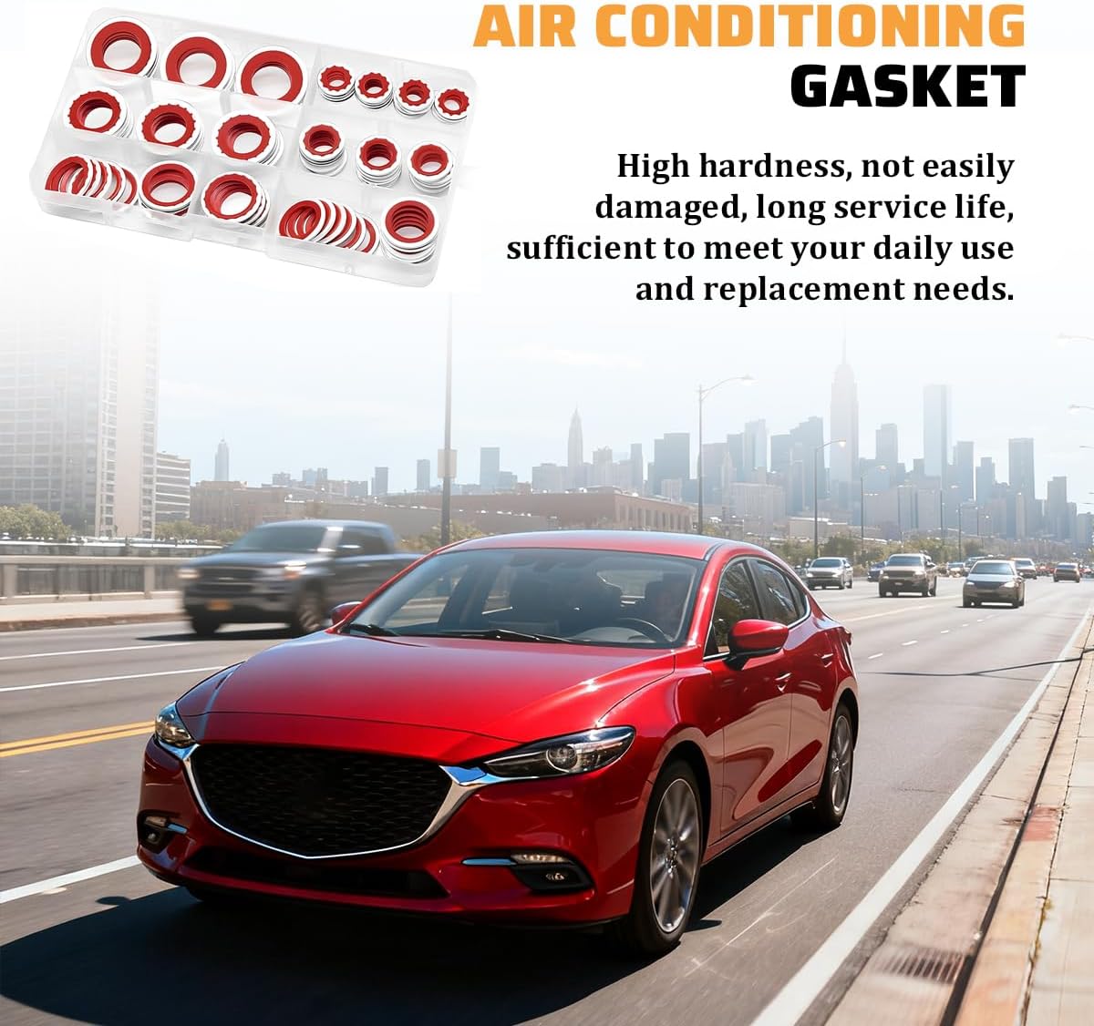 85PCS Car A/C Gasket Kit, Rubber Vehicle Air Conditioning Sealing O-Ring Assortment Set, Automotive A/C System Compressor Seal Gasket Washer Replacement, Universal for Vehicles (Red)