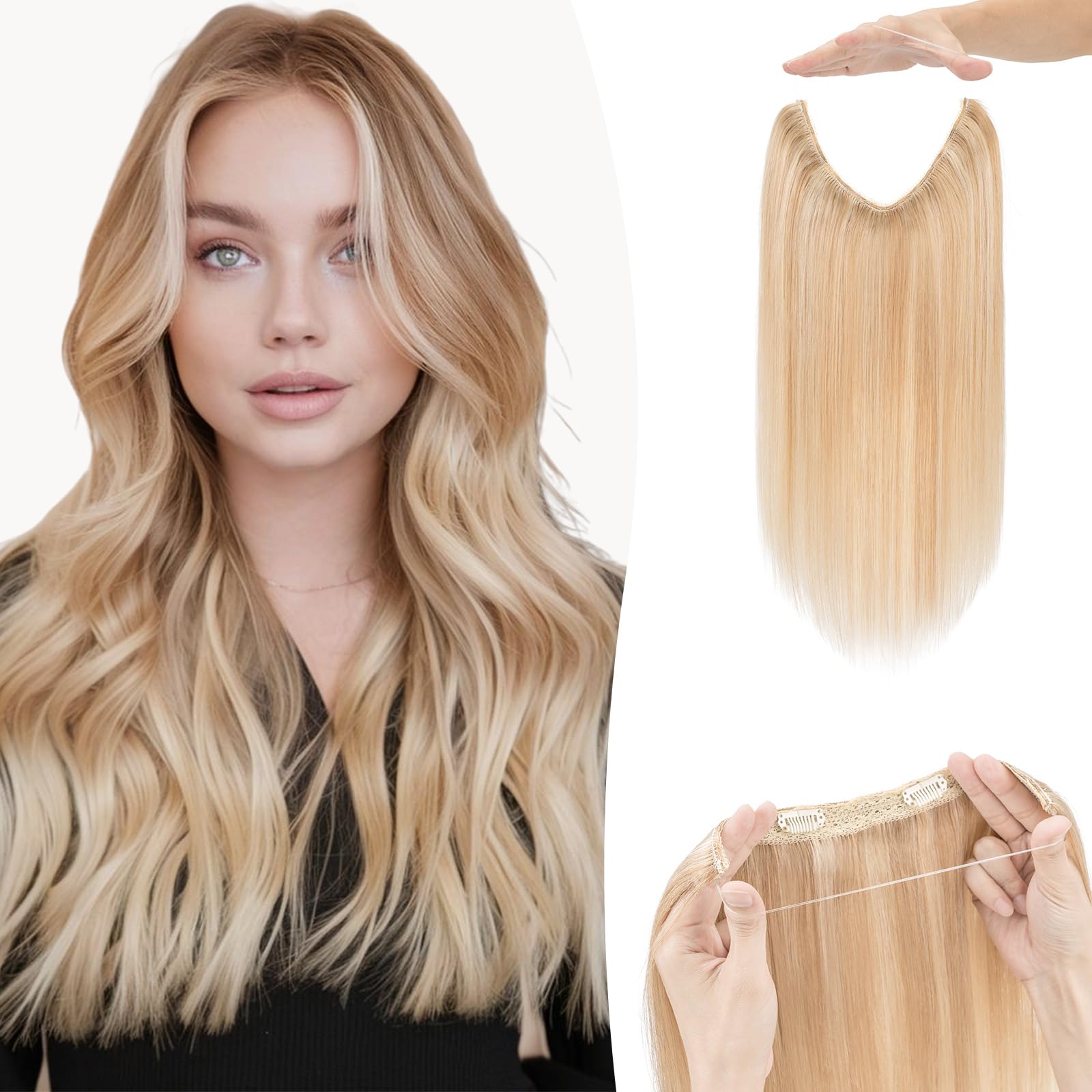 Benehair #18P613 Ash Blonde Mix Bleach Blonde Clip in Hair Extension on Wire 100% Remy Real Human Invisible Secret Wire Hair Extensions Straight 14 Inches (60g)