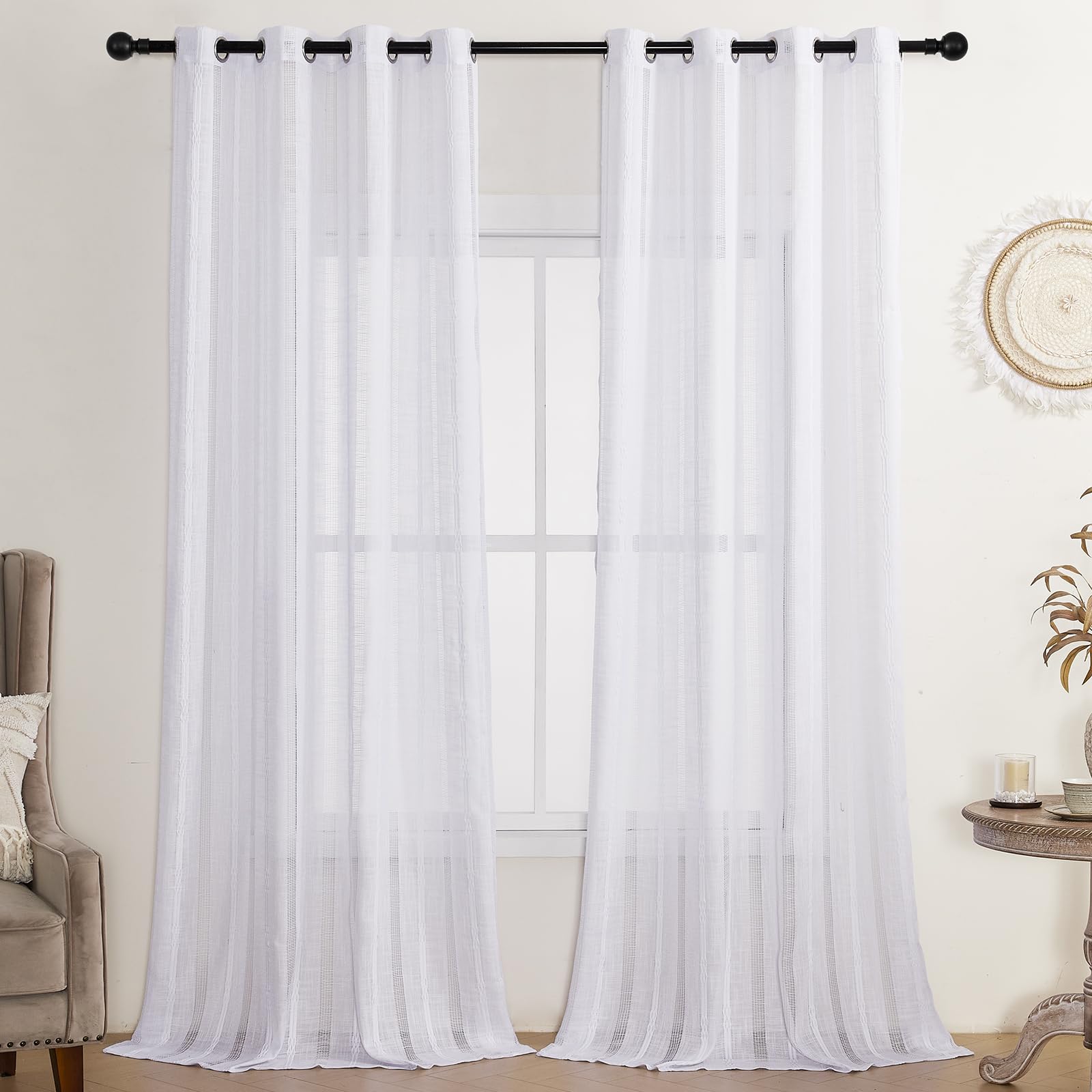 Estelar Textiler White Linen Boho Farmhouse Curtains for Bedroom, Textured Embroidered Curtains 84 Inches Long, Soft Light Filtering Semi Sheer