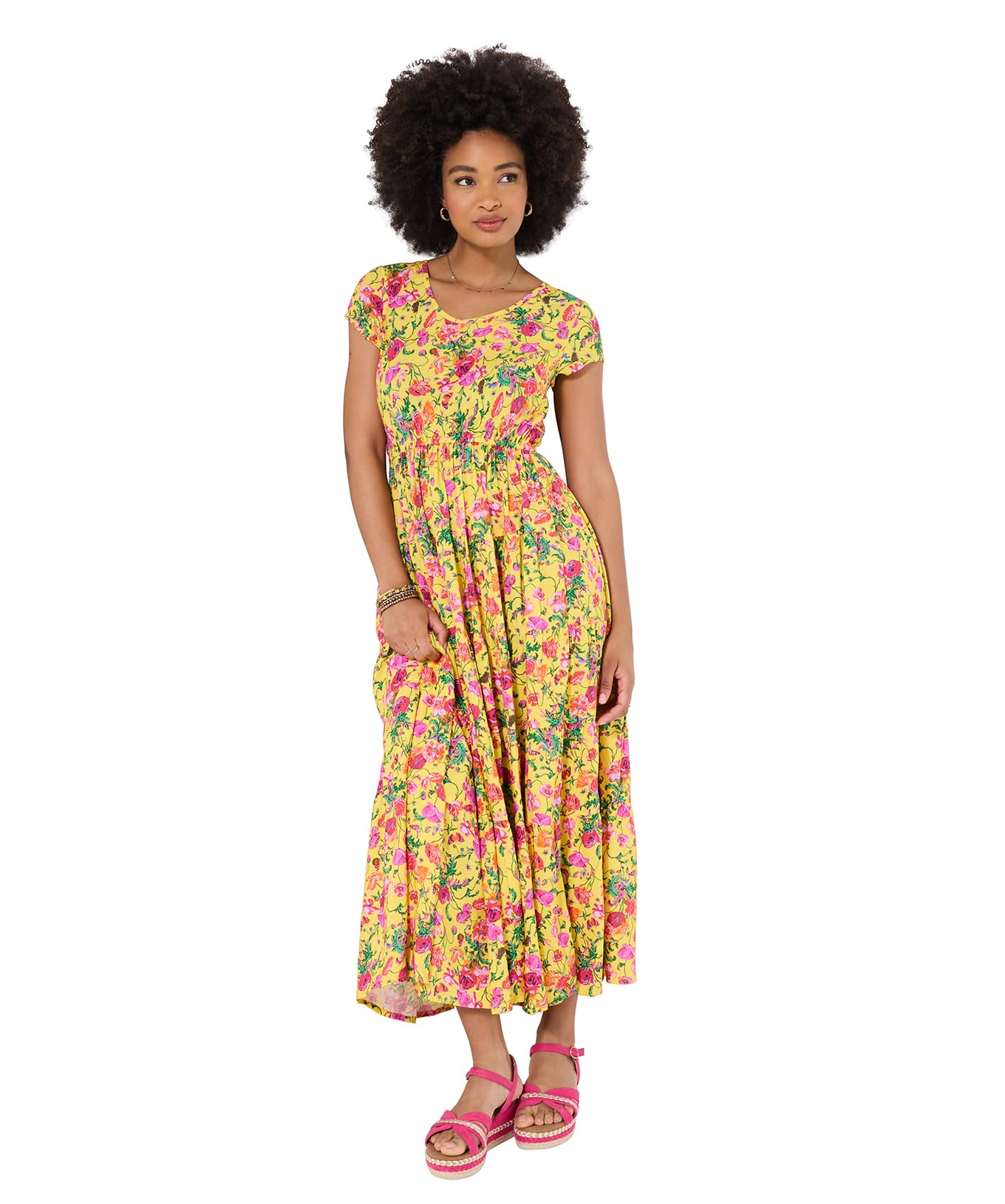 Joe Browns Women's Yellow Printed Crinkle Maxi Dress With Tiered Skirt And Elasticated Waist, Regular, Uk 8