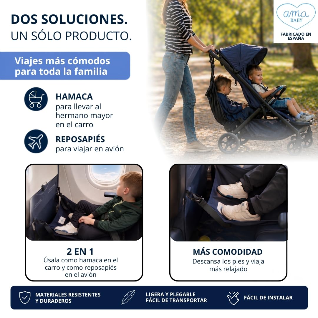 Hamaca Carro Bebé 2 en 1 - Asiento Extra Hermano Mayor - La Solución para Dos Niños - Alternativa a Patinete - Niños 2 a 6 Años Max.20 kg - Fabricada En España - Incluye Pañalera multiusos | Un lugar donde descansar para el hermano mayor