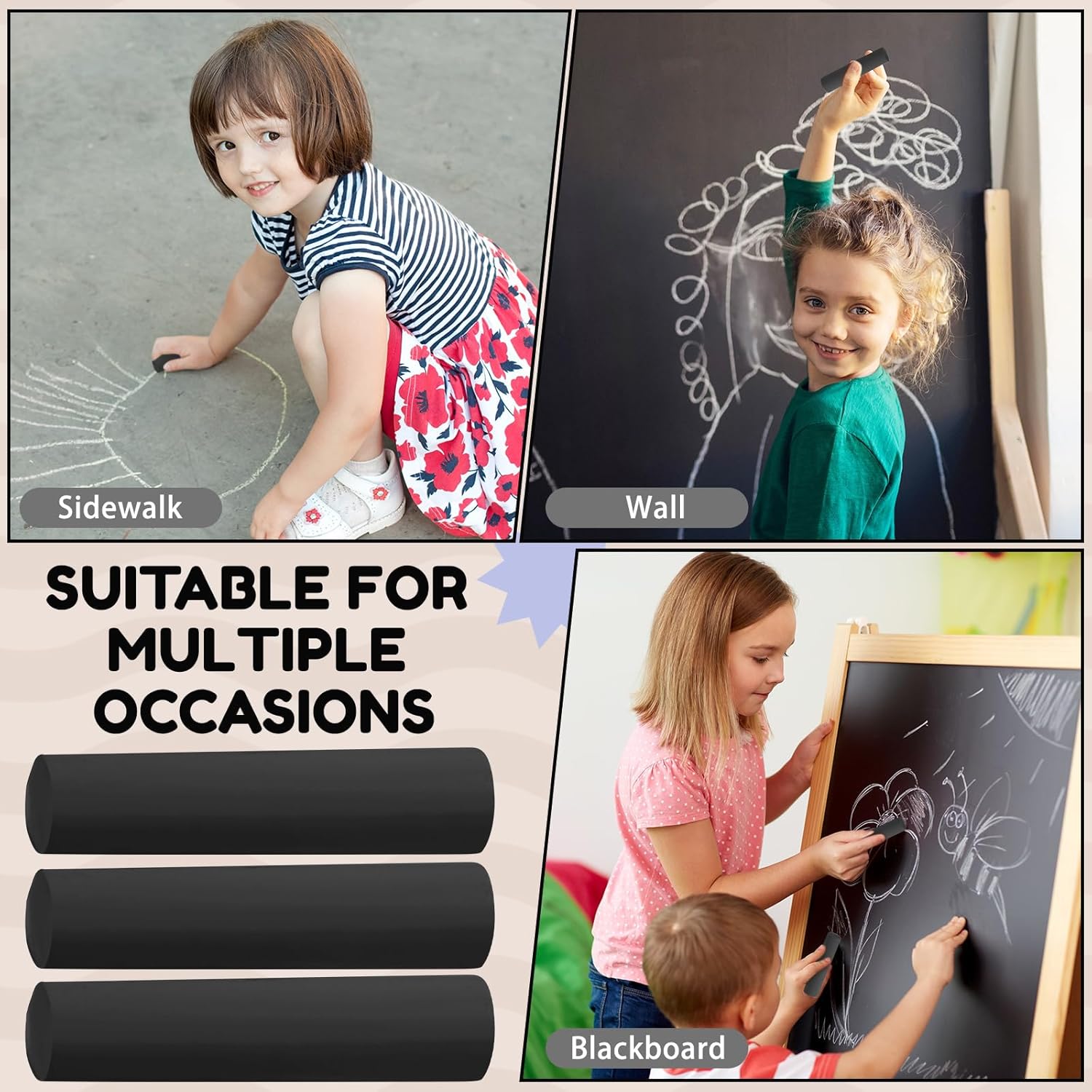 Fulmoon 40 Pcs Jumbo Sidewalk Chalk Outdoor Art Non Toxic Large Washable Street Chalk for Adults Drawing Painting (Round,Black)