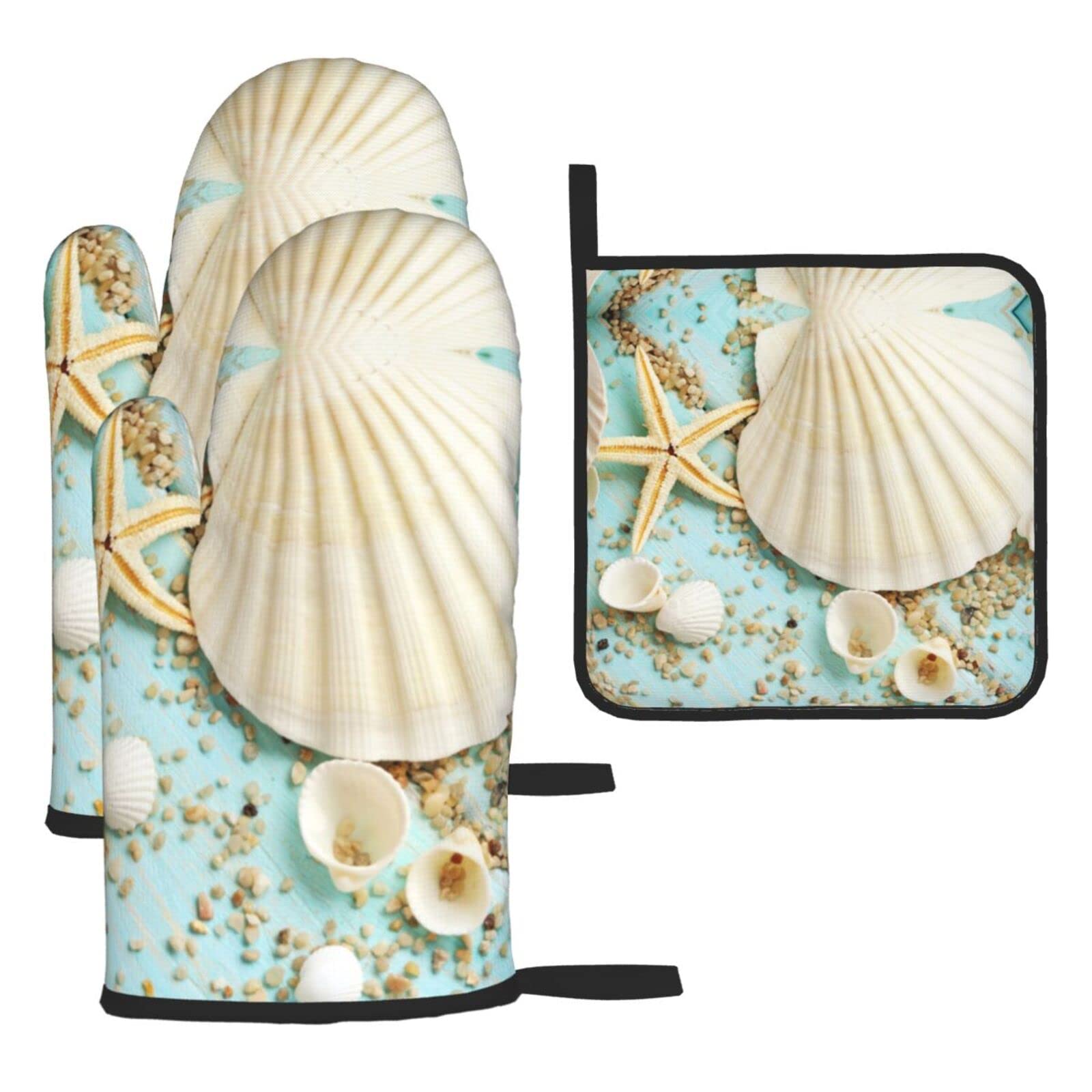 Ocean Sea Beach Seashells Starfish Blue Oven Mitts and Pot Holder Kitchen Set for Grilling, Cooking, Baking, Heat Resistant