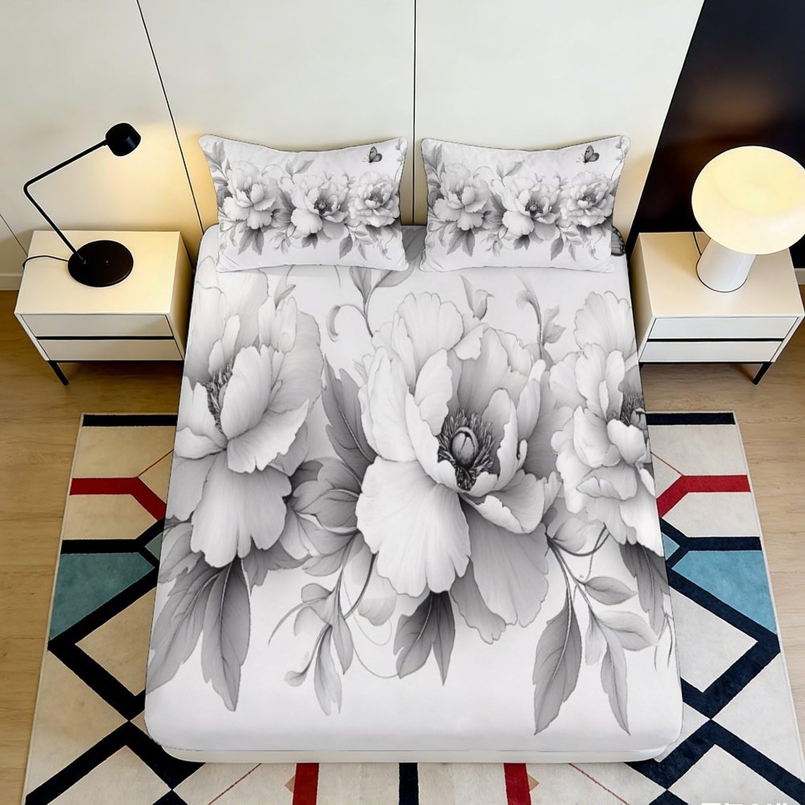 3D Printed Monochrome Peony Fitted Sheet Microfiber Soft Floral Bed Sheet for Bedroom Guest Room Mattress Decor 90x200x25cm