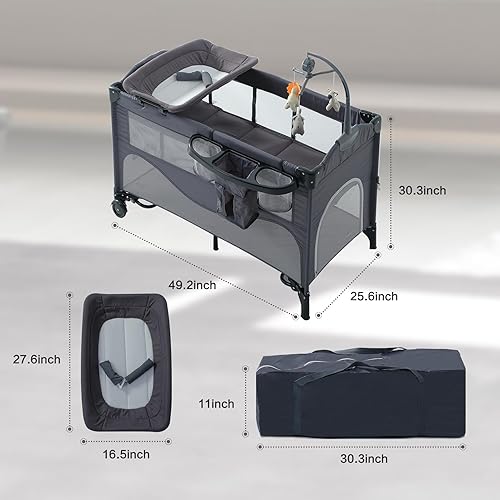 Miniatura 7 de Moisés 5 en 1 para bebé, moisés de noche para empacar y jugar, con cambiador de pañales y sábana impermeable, colchón, música, corrales portátiles