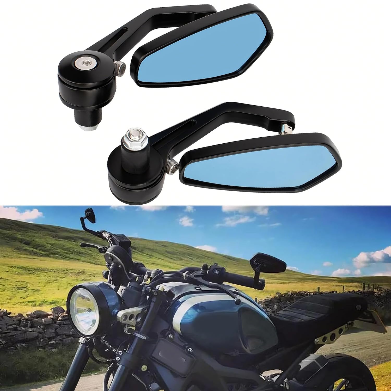 Rétroviseurs de Guidon de Moto 7/8" 22mm CNC Verres Antireflets Bleus Rétroviseurs Latéraux Moto Compatible avec Z1000 Z750 MT03 monster mt07 mt09 scooters UTV Street Sport Bike Cruiser
