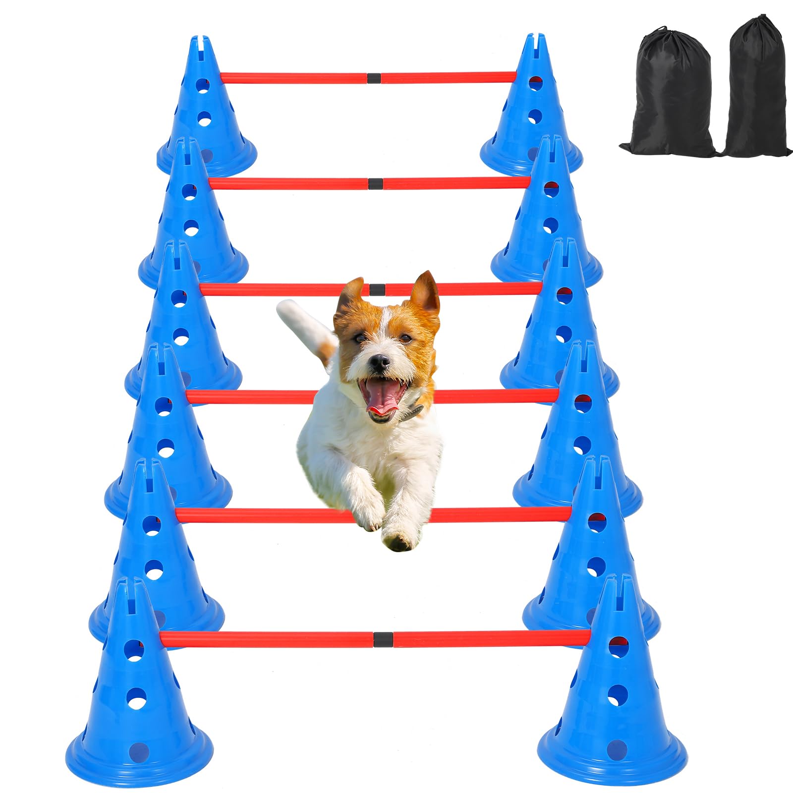 Dog Agile Hurdle Cone Set, Dog Training Agile Equipment with Height Adjustable Crossbar for Beginners & Advanced,Dog Obstacle Courses with 12 Cones & 6 Agile Rods & Carry Bag