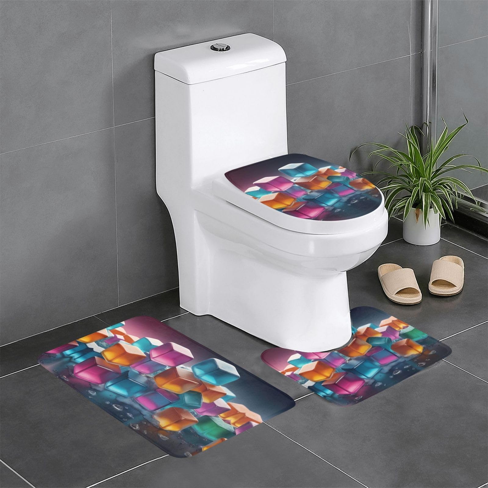 Tapis de salle de bain antidérapants 3 pièces : set de contour WC, tapis ovale et rectangulaire