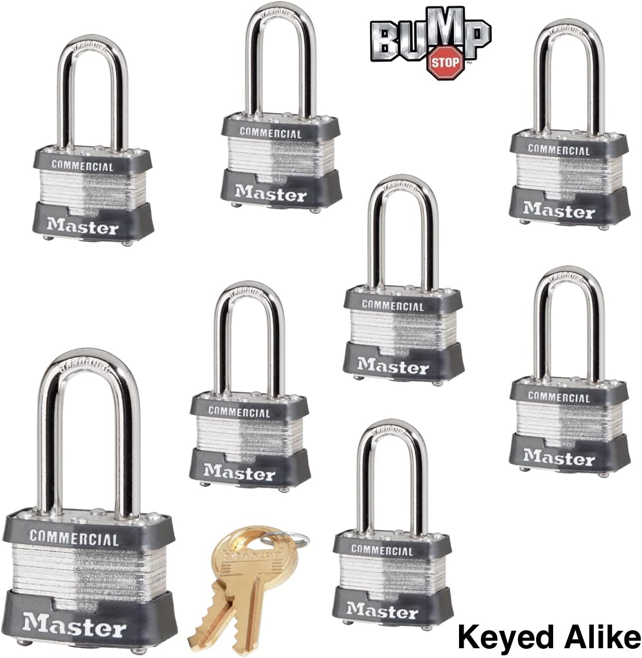 Master Lock - (8) Keyed Alike Locks w/ 16 Keys, 3NKALF-8 w/BumpStop Technologiy