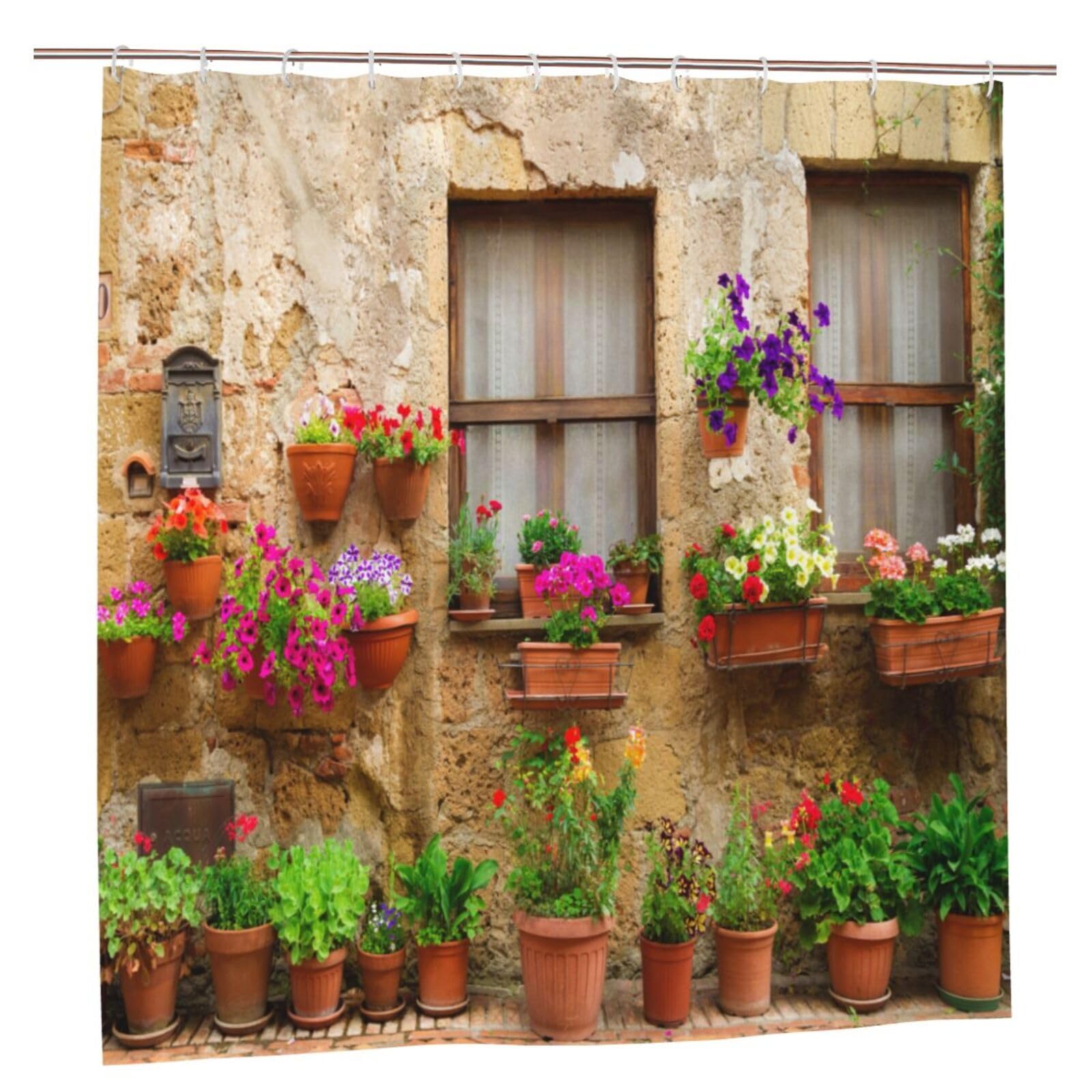 YUAOEUR 3D Garden Shower Curtain 60X72 Inch Fresh Plant Countrylife Style Retro Old Stone Wall Floral Basket Door Scenery with Green Plants Scenery Bathroom Decoration Curtains with Hook