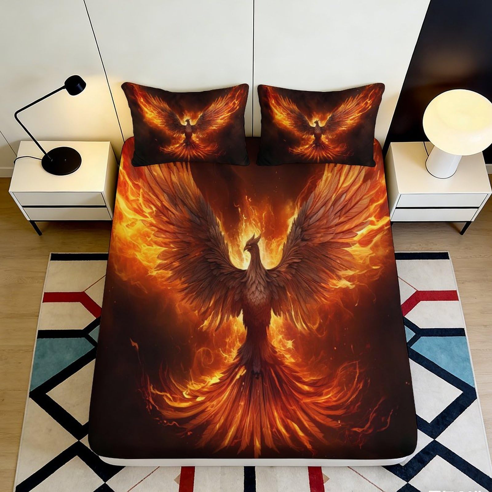3D Printed Fiery Phoenix Fitted Sheet Microfiber Soft Flame Bird Bed Cover for Bedroom Dorm Mattress Decor 90x200x25cm