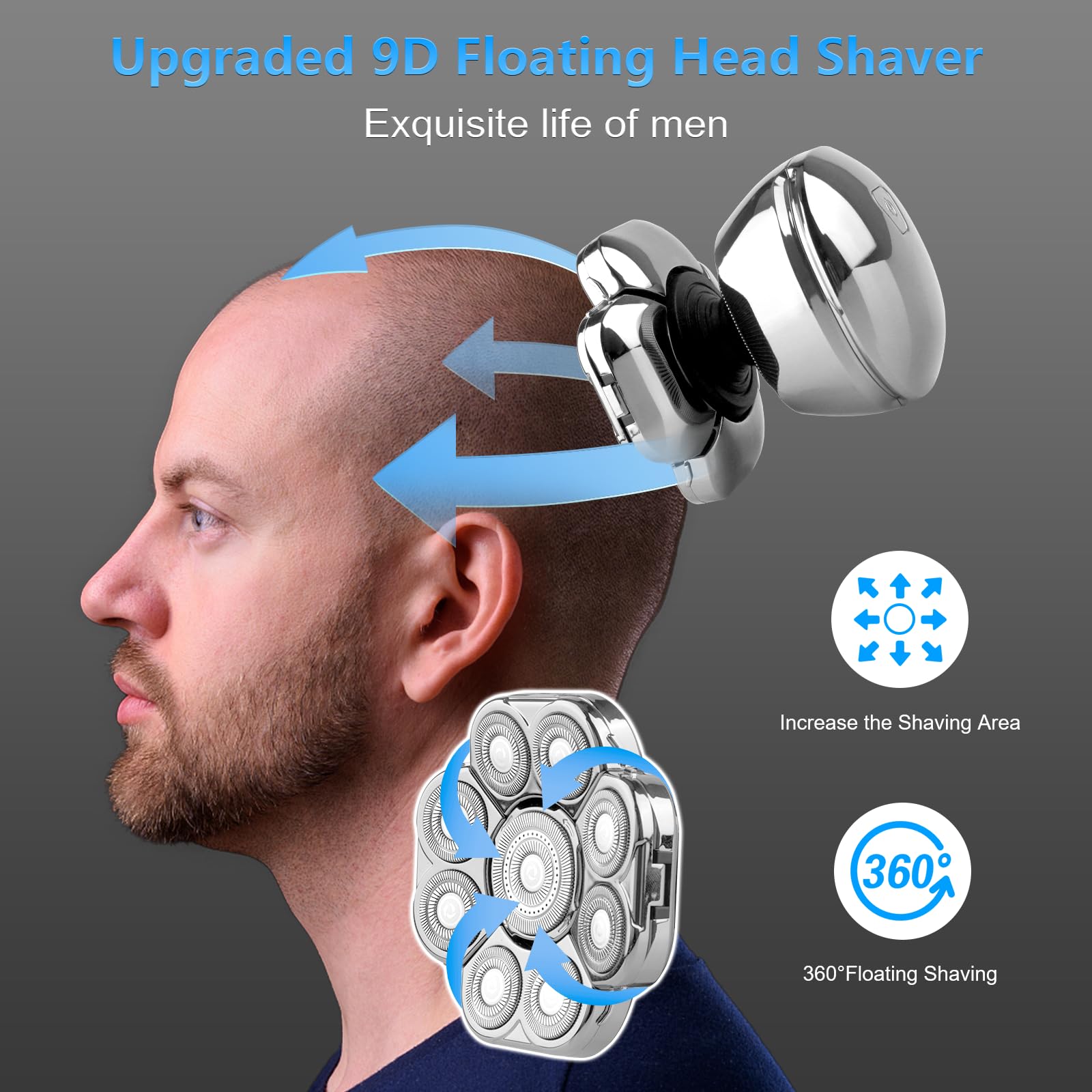 Afeitadoras de cabeza 9D para hombres calvos, maquinilla de afeitar eléctrica 6 en 1 para hombres, inalámbricas, recargables e impermeables, con batería grande, pantalla LED, afeitado húmedo/seco