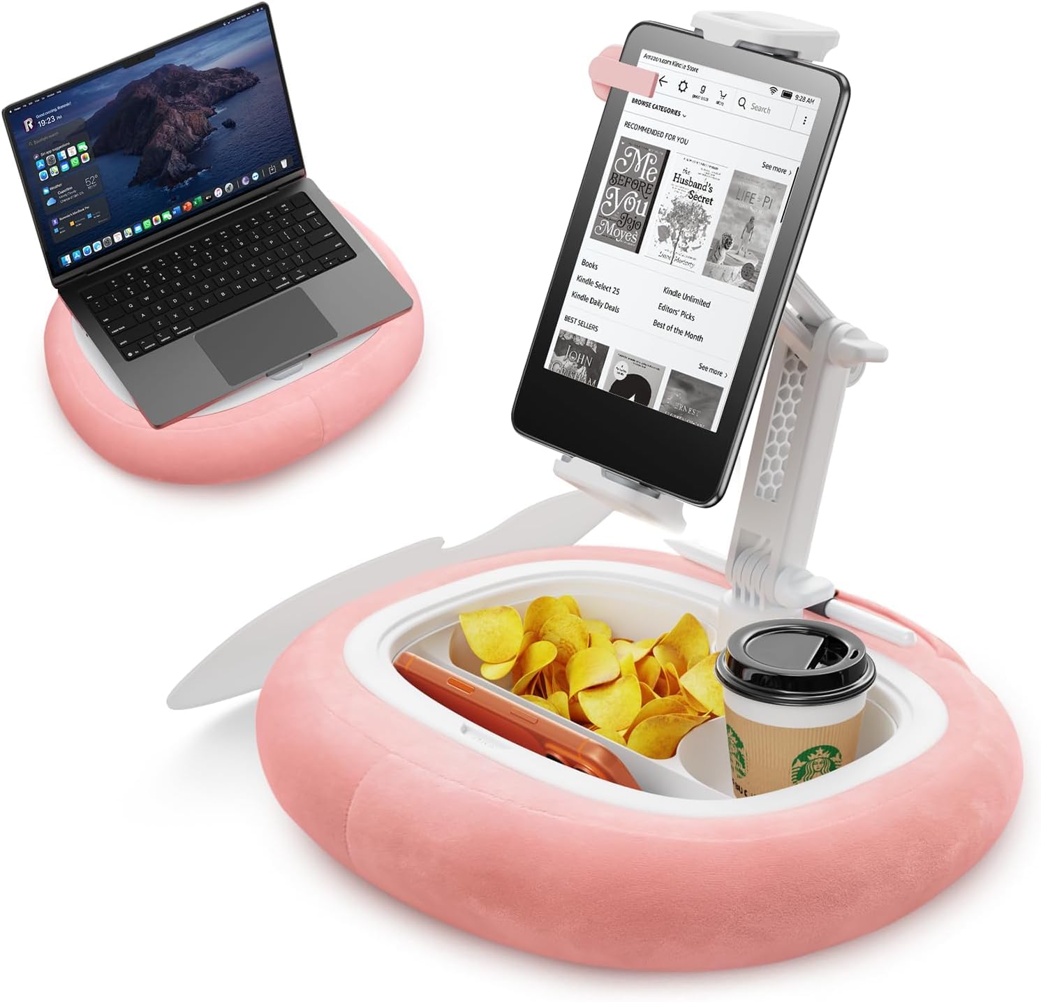 TAZENI Tablet-Kissenhalter für iPad Kindle, 360°, 3-Fach-Snackschale, Rosa