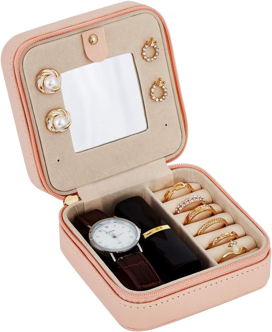Meerveil Jewellery Box, Small Travel Jewelry Organiser Case PU Leather with Mirror, Portable Zip for Ring Earring, Necklace - Image 5