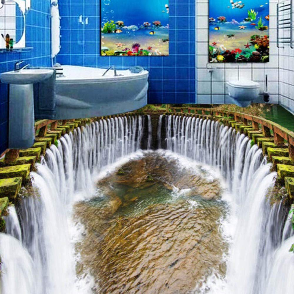 Papel Pintado De Suelo Estéreo 3D Personalizado,Cascada Redonda,Piscina,Mural De Pared Autoadhesivo,Papel Tapiz Fotográfico,Impermeable Para Suelo De Baño,200(W)*140(H) Cm