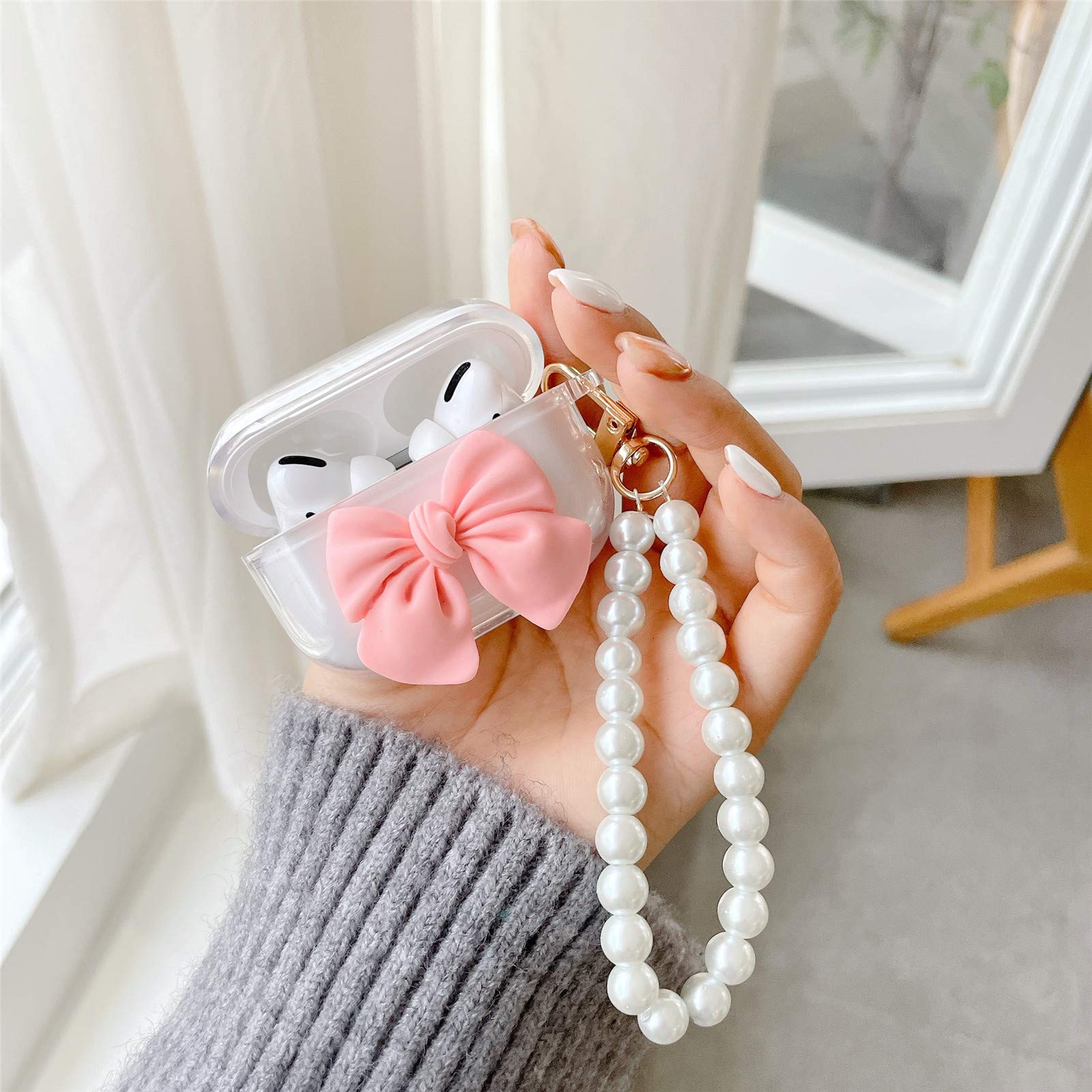 SGVAHY Clear Case Compatible with AirPods Pro?Beautiful Cute Colorful Bow Design with Luxury Pearl Wristband Ultra-Thin PC Shockproof Protective Case (Pink, AirPods Pro)