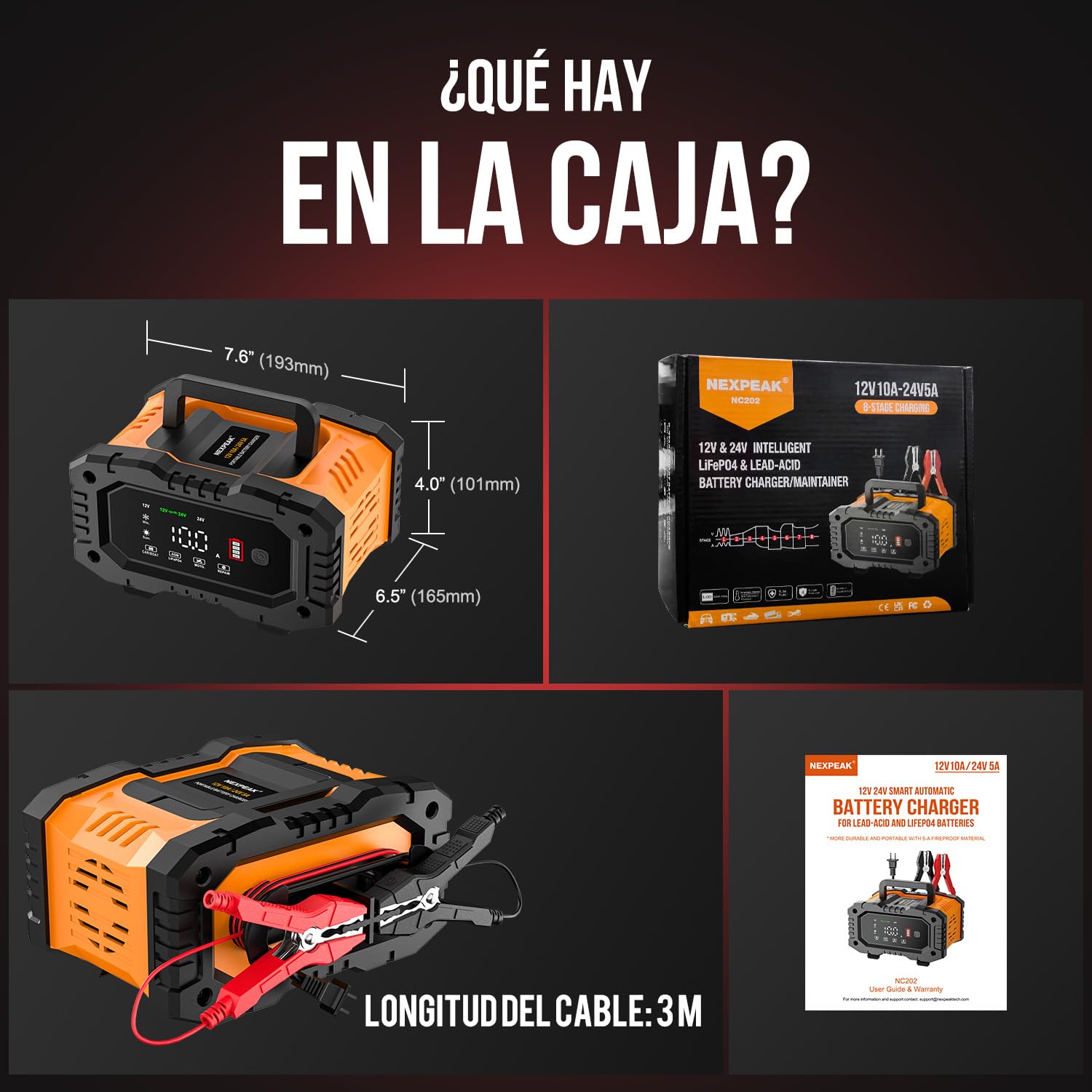 Cargador de batería Inteligente 10A, Cargadores de batería de Coche LiFePO4 12V 24V, mantenedor de batería automático con compensación Temperatura para Coche Motocicleta camión, AGM, Gel, húmedo, SLA