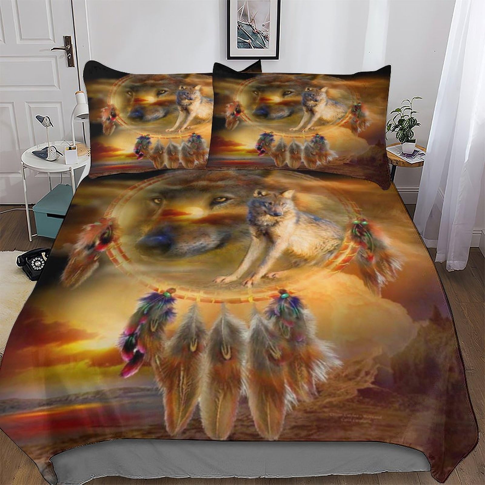 Parure de lit loup dreamcatcher microfibre douce anti-plis king size