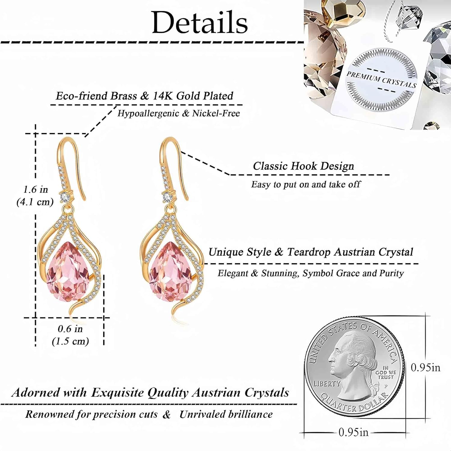 Austrian Crystal Hollow Teardrop Halo Drop Twisted Dangle Earrings for Women 14K Rose Gold Plated Hypoallergenic Jewelry - Image 4