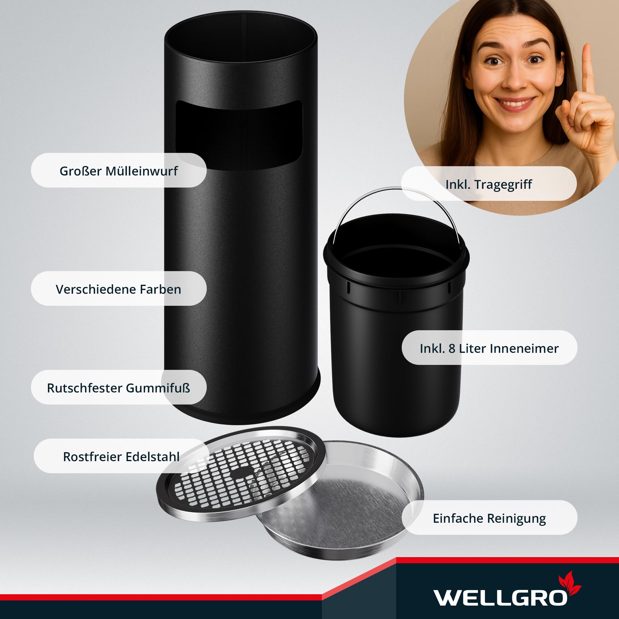 WELLGRO 2 in 1 Standaschenbecher Edelstahl für draußen – Wetterfester Standascher schwarz mit Mülleimer & Abfalleimer, großer Aschenbecher für Außenbereich, Terrasse, Eingang & Gewerbe
