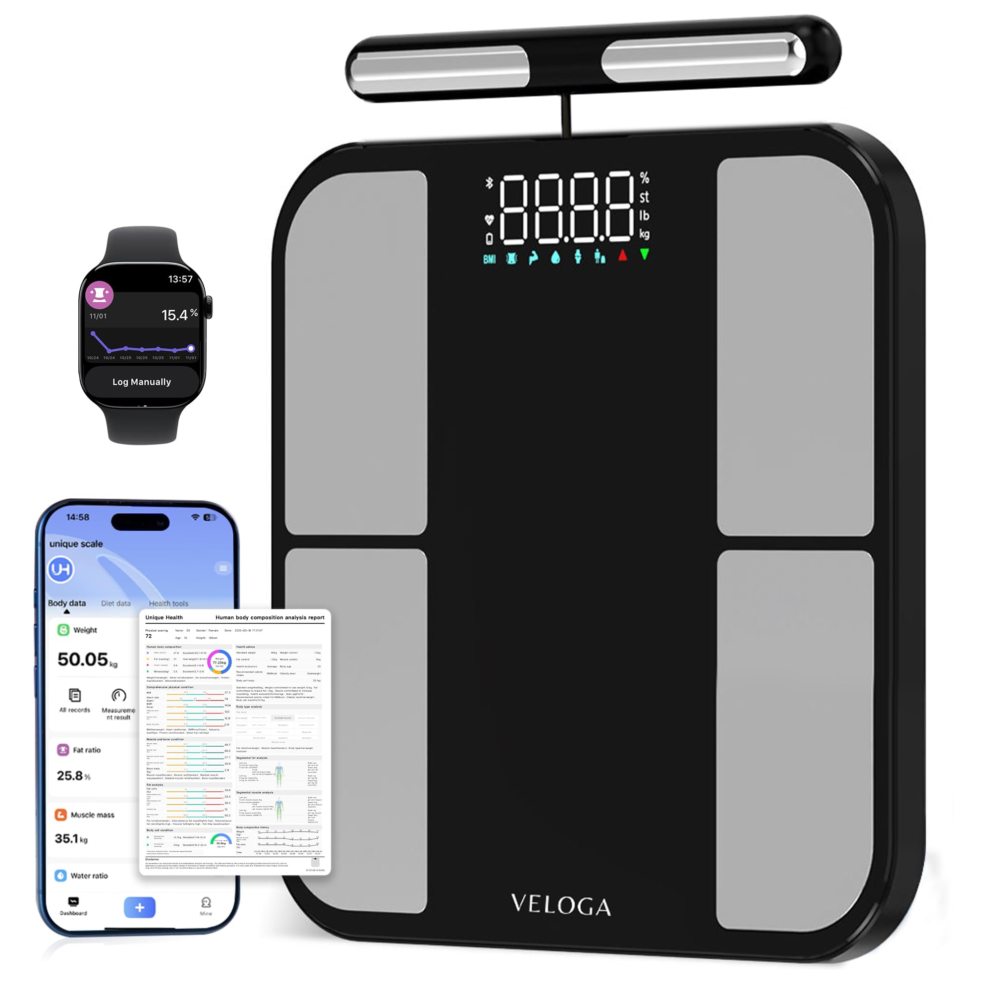 Balance intelligente pour poids corporel, 8 électrodes avec 56 indicateurs de données, application Bluetooth analyseur de composition corporelle, grand écran LED, balance précise jusqu'à 180 kg