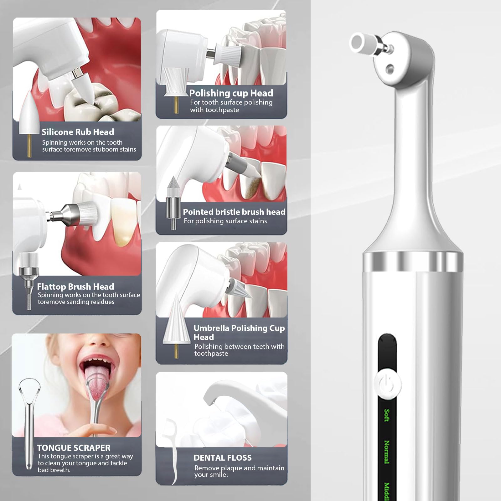 Pulidor de dientes, removedor de placa para blanqueamiento de dientes, herramientas dentales, kit de limpieza de dientes eléctrico con luz LED, 5 modos de velocidad con 5 cabezales de cepillo de