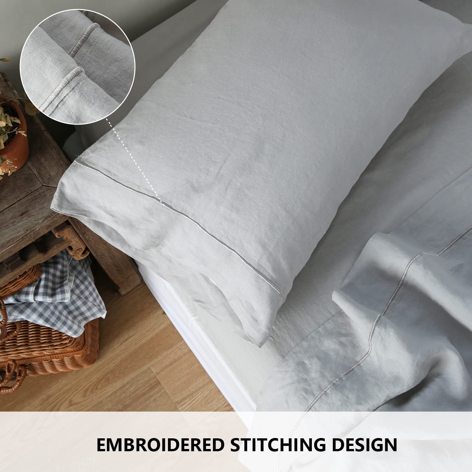 King Linens Fundas De Almohada 100% Lino Francés Con Bordado, Paquete De 2 Unidades, Lino Natural Lavado De Color Liso, Suave Y Transpirable, Lino, 20 X 30 Pulgadas