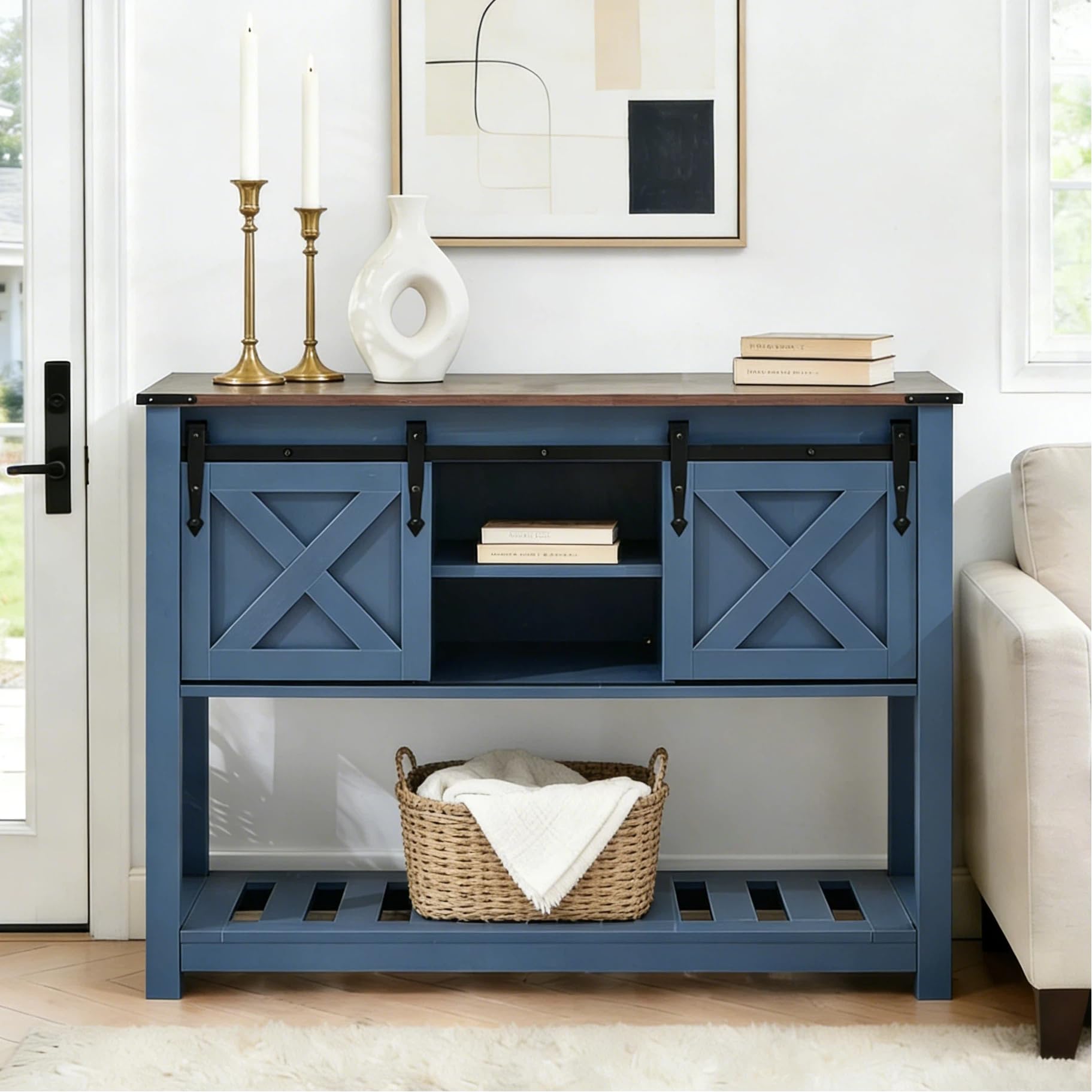 Seekverse Entryway Table with Storage, Farmhouse Buffet Cabinet Coffee Bar Kitchen Island with Sliding Barn Doors & Shelves, Console Table for Kitchen