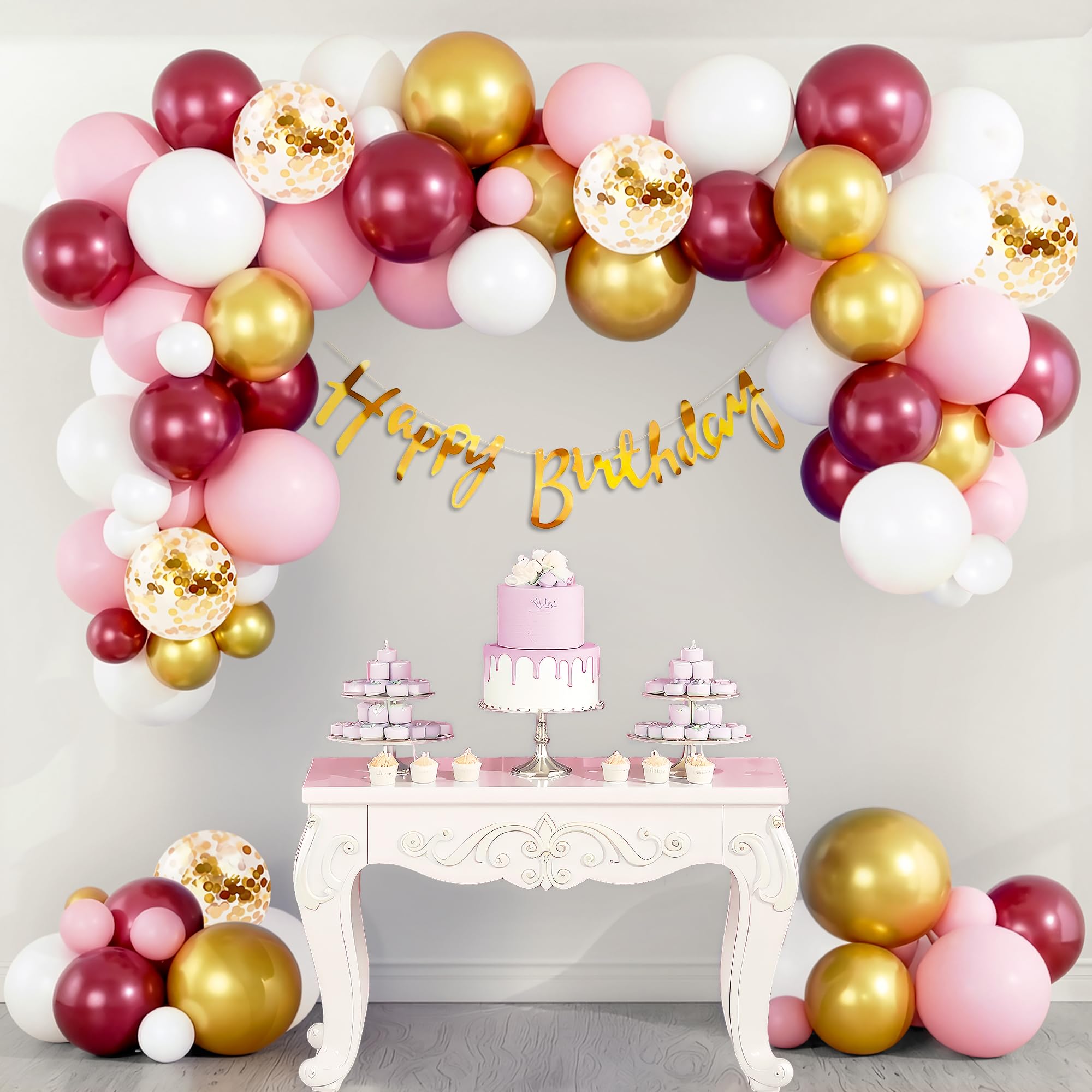 Party Propz Happy Birthday Decoration Items for Girls-63Pcs Burgundy Balloons for Decoration | Pink Birthday Balloons for Decorations | Birthday Decorations for Wife | Happy Birthday Banner(Cardstock)