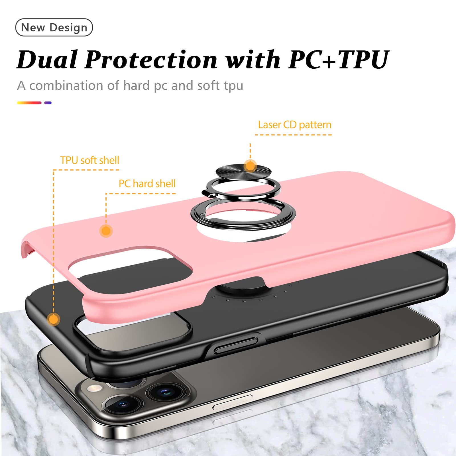 PELEPUES Shockproof Case for iPhone 14 Pro 6.1'', [Embedded Finger Ring] Military Grade Phone Case Cover with Reinforced Metal Stand Kickstand [Support Magnetic Car Holder] for iPhone 14 Pro, Pink