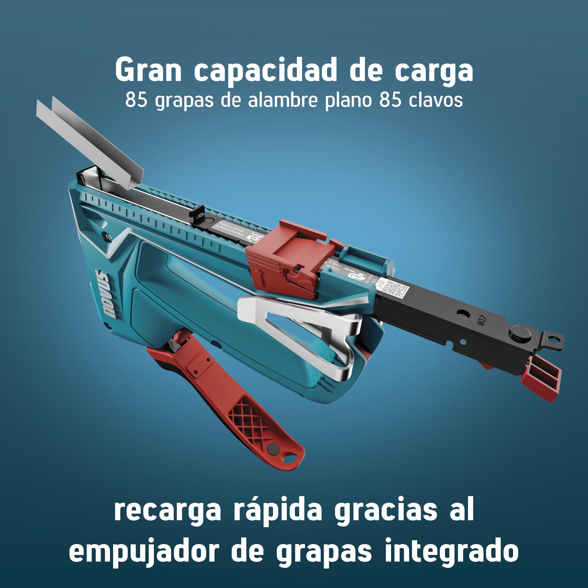 NOVUS TOOLS Grapadora manual J-51 con 1200 grapas, grapadora profesional para madera con carcasa de aluminio, ajuste de fuerza de impacto, tope de distancia para grapas de alambre plano de 6 – 14 mm