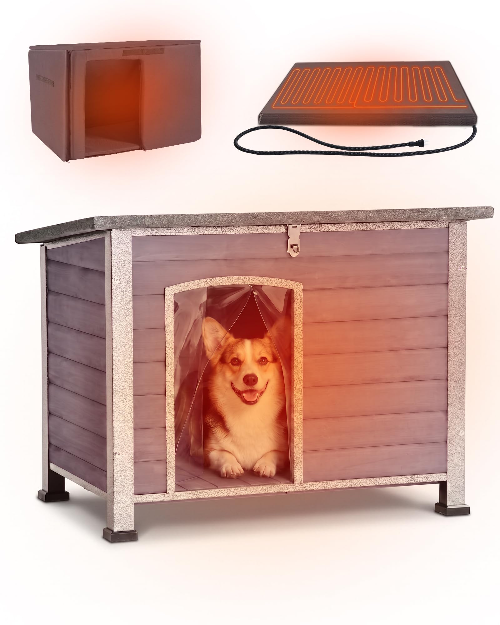 Suumerpety Feral Dog House Outdoor,Anti Bite Iron Frame Dog Kennel,Wood Warm Pets Home,Insulated Weatherproof Outside Shelter for Feral Animal (33.5"(L)×22"(W)×25.2"(H)-Grey-in)