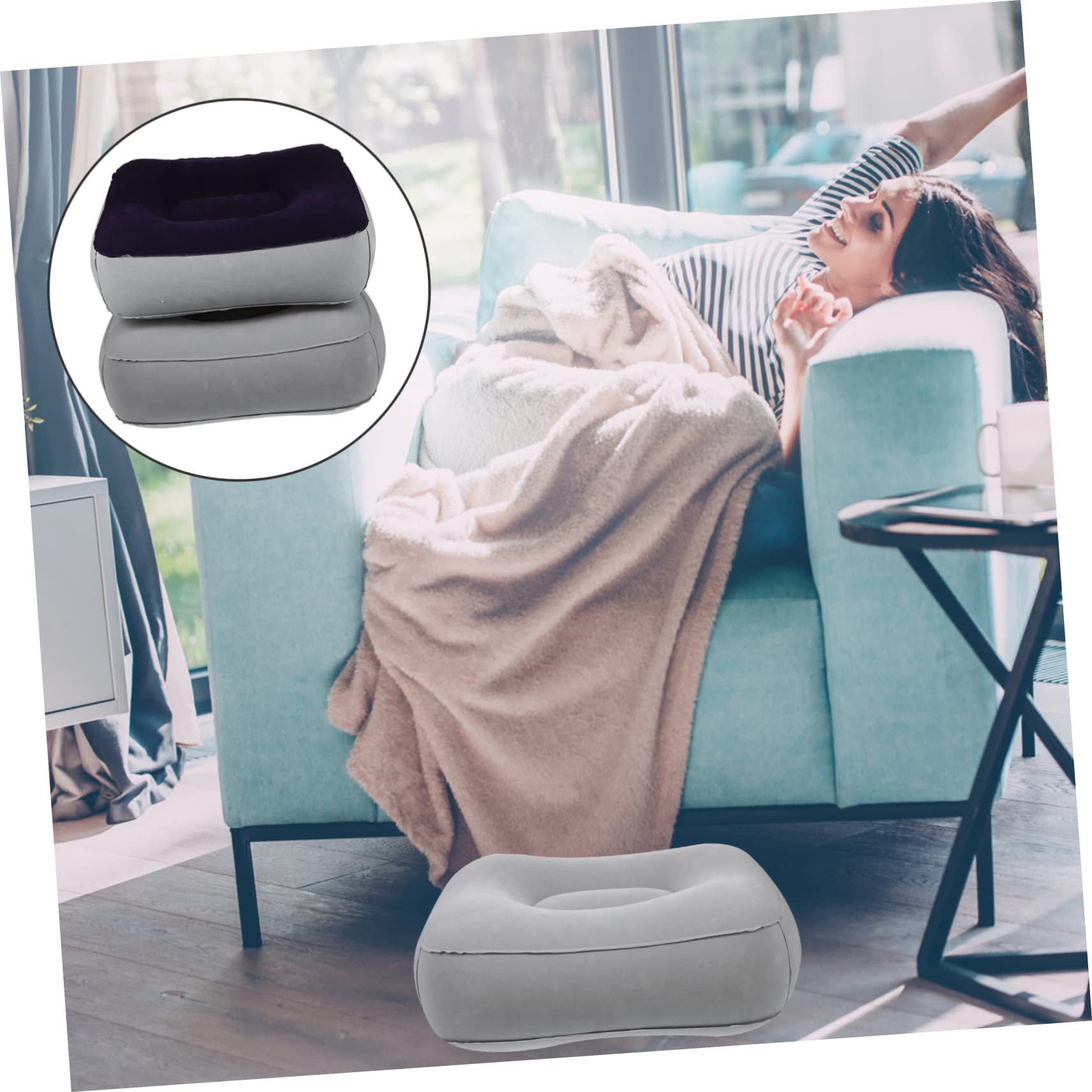 Angoily Pouf Gonfiabile Poggiapiedi da Viaggio, Cuscino per Piedi in Pvc Floccato, 2 Pezzi, Comodo e Facile da Riporre per Auto e Treno