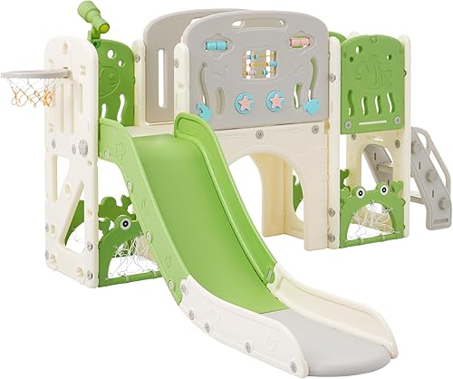 Miniatura 8 de Juego multiactividad 11 en 1 para niños pequeños con tobogán, aro de baloncesto y telescopio, patio de juegos para interiores y exteriores para