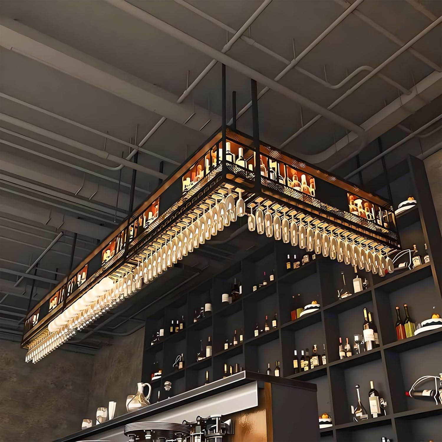 31.5in Ceiling Wine Glass Rack, 2-Tier Wooden Hanging Wine Rack, Industrial Black Metal Hanging Wine Storage Holder, with Glass Holder for Restaurant, Bar (BLACK, 31.5 * 11.8 * 35.4INCH)