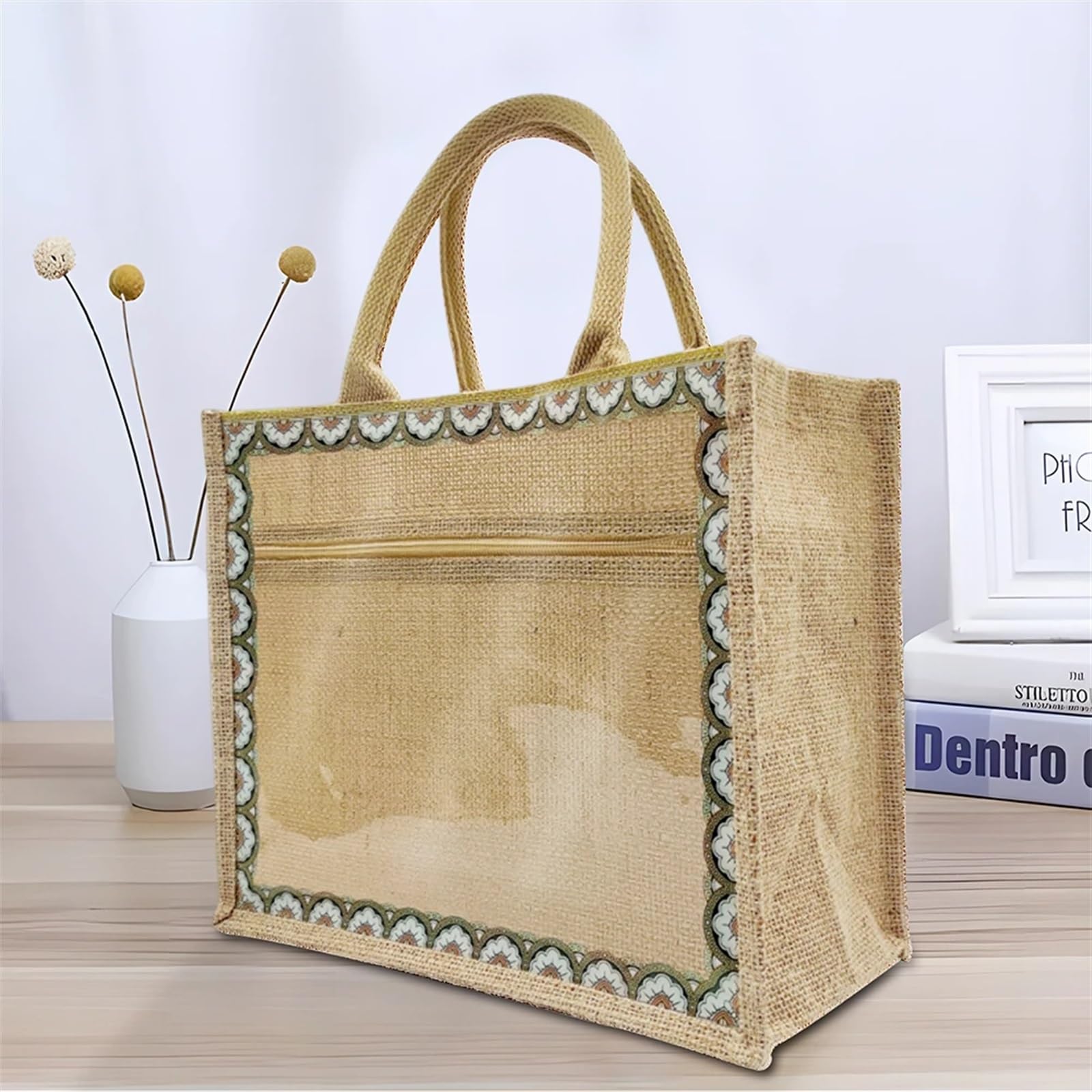 Torba z juty, Torba materiałowa Lniana Juta Zakupy Wielokrotnego użytku Wodoodporny uchwyt na zakupy Płótno Diy Prezent 1/2 szt(1pc)