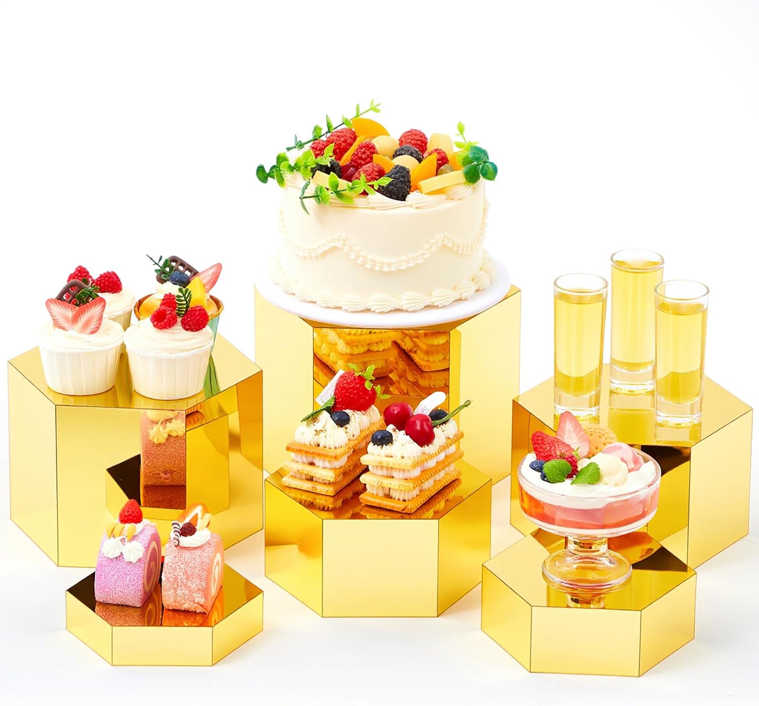 Leinuosen 6 Pcs Large Buffet Risers, 5.5 to 8 Inch Catering Dessert Table Risers Food Decorative Stands with hollow bottom for Catering Supplies, Party(Gold, Hexagonal)