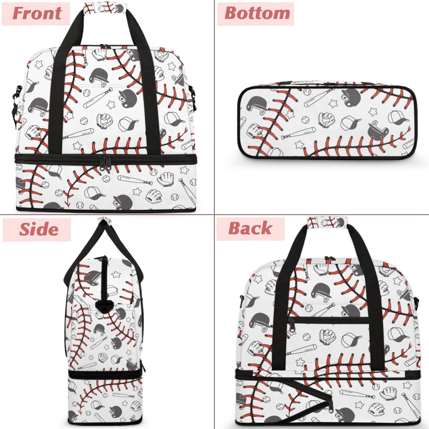 Baseball Foldable Travel Duffel Bag, Expandable Sports Gym Bag with Shoes Compartment Weekender Overnight Totes Bags for Women Men