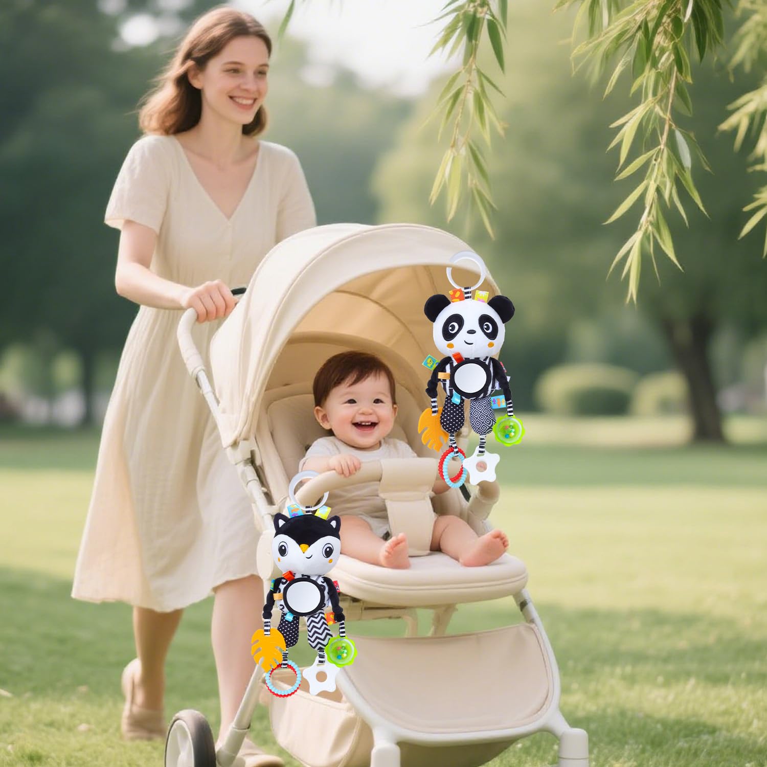 Noir et Blanc Jouets Bébés,Peluche Animal Suspension Hochets Jouet,Bébés Jouet Sensoriel,Nouveau-nés Poussette Jouets Cadeau pour Garçons et Filles 0 3 6 9 12 Mois