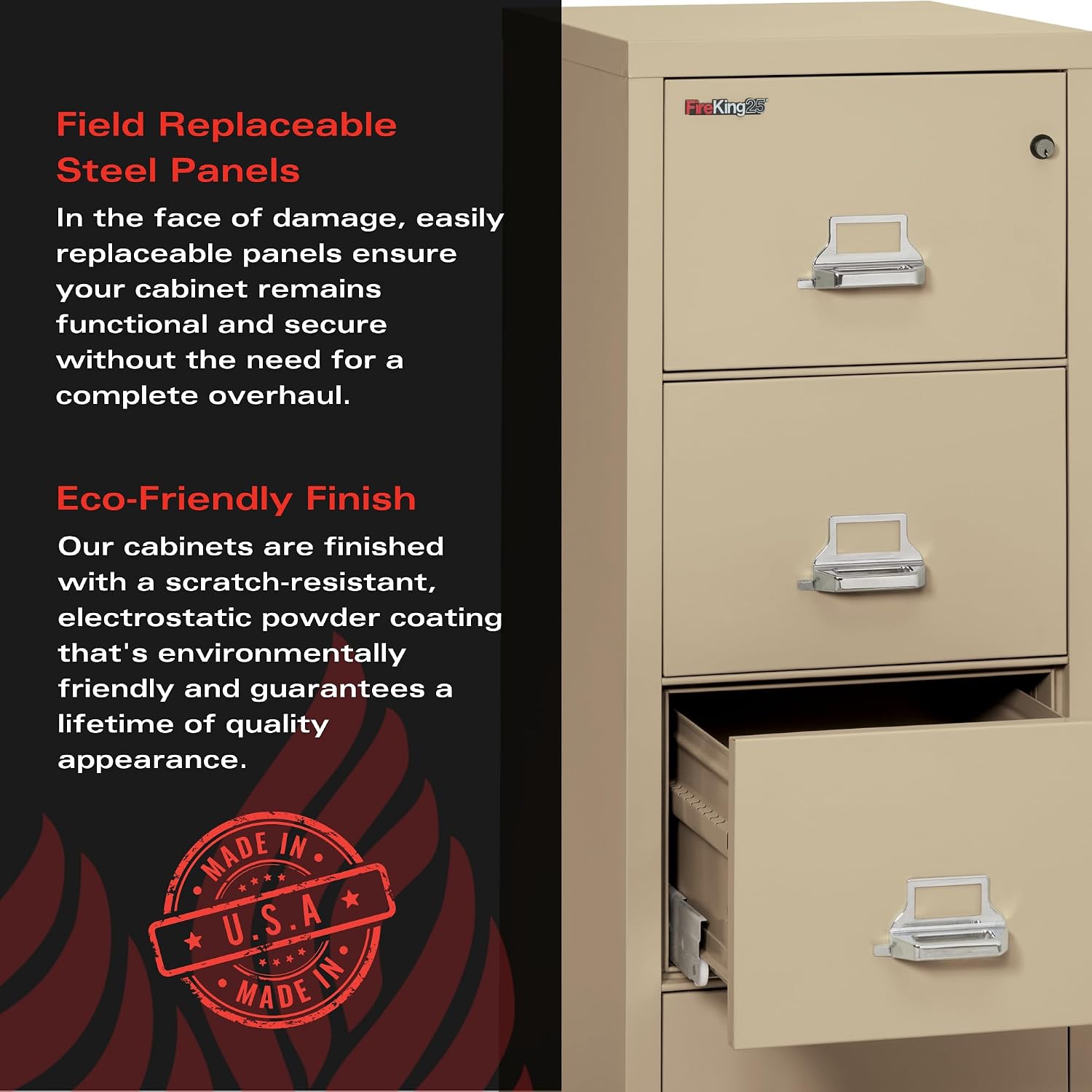 Fireproof Vertical File Cabinet, 4 Legal Sized Drawers, 52.25in H x 20.81in W x 25.06in D, Made in The USA