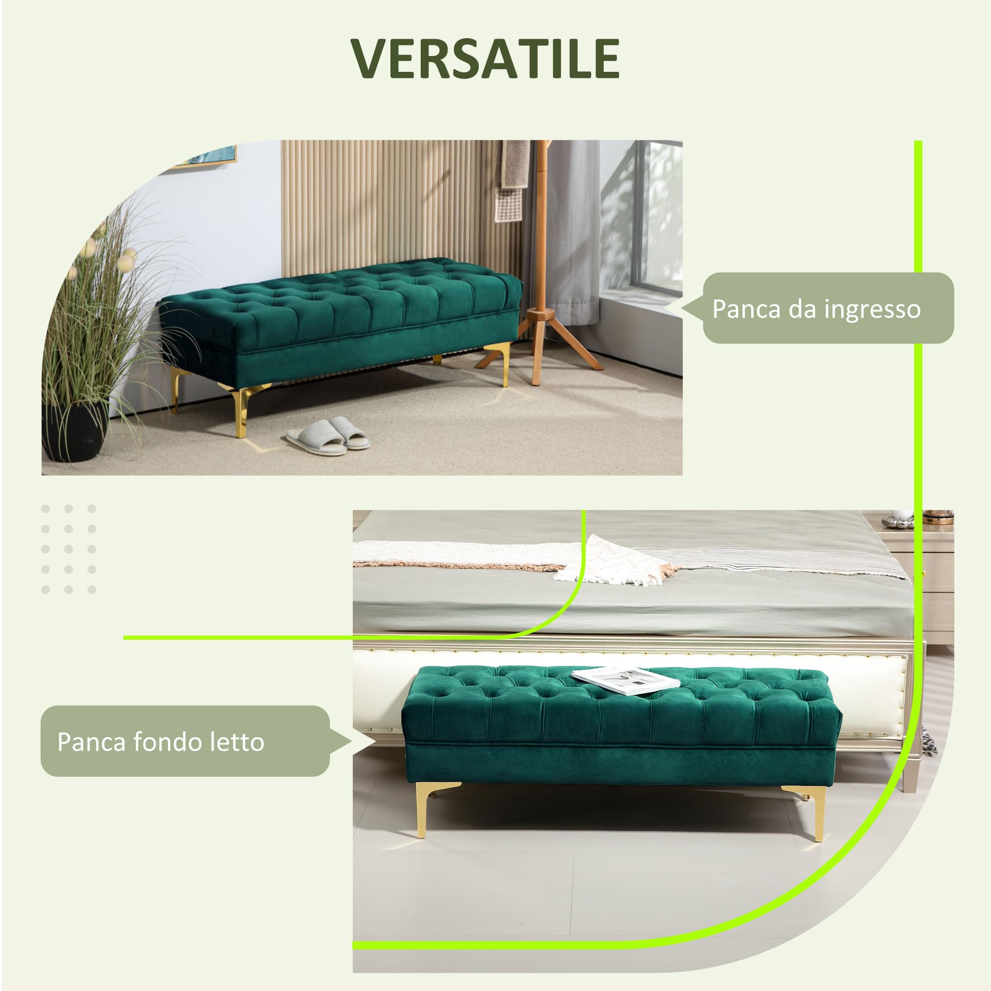HOMCOM Panca Camera da Letto con Rivestimento Trapuntato, Panca Imbottita in Velluto con Gambe in Metallo per Ingresso, Corridoio e Soggiorno, 118x45x42 cm, Verde Scuro