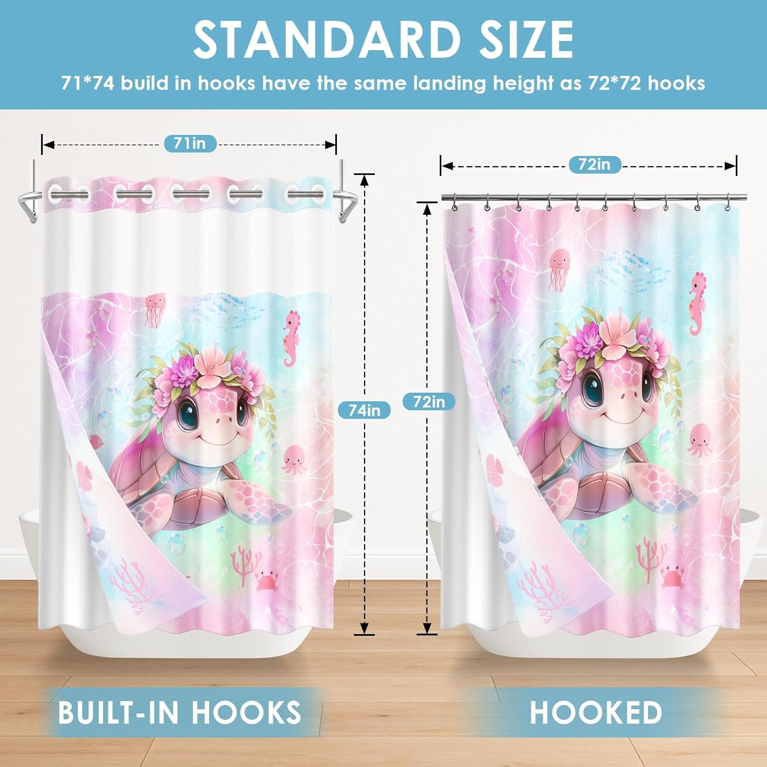 No Hook Pink Cute Turtle Shower Curtain with Snap in Fabric Liner Set, Summer Flower Girl Double Layers Waterproof Fabric with See Through Top Window Open Grommet Bath Curtain 71x74 Inch