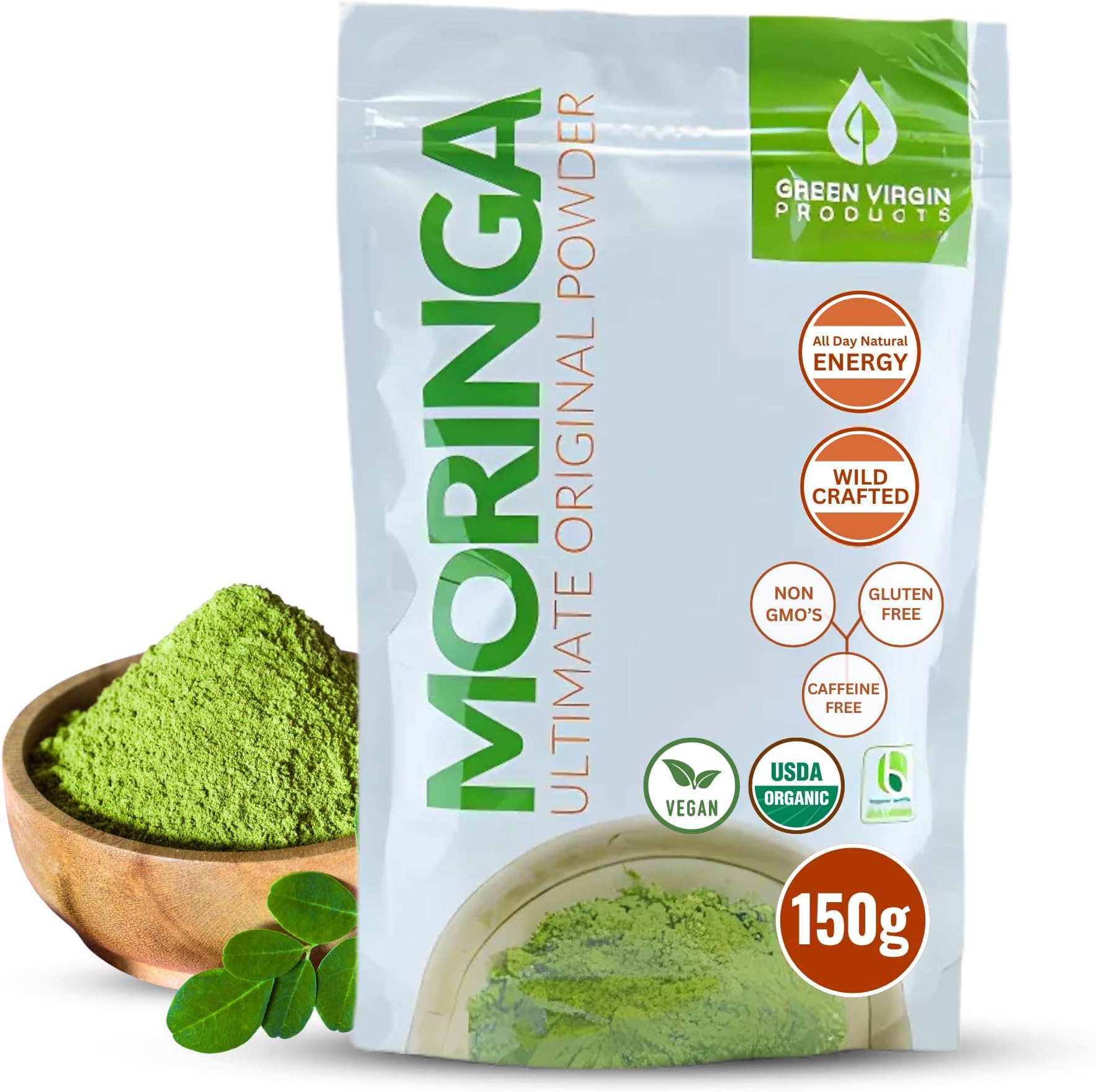 Organic Moringa Leaf Powder,150g, USDA Organic, Non-GMO, Gluten Free Superfood, Fresh Green Moringa Oleifera, Oxidation-Free 3-Layer Pouch, Perfect for Smoothies, Drinks, Tea