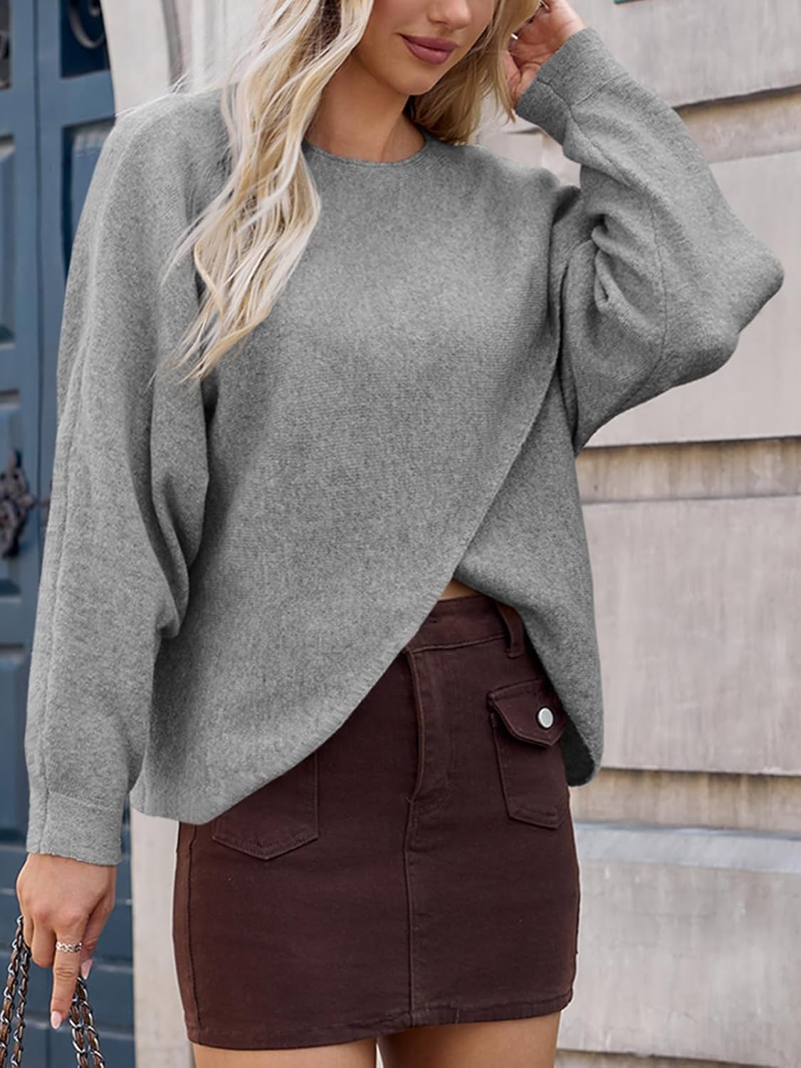 Saodimallsu Womens Oversized Batwing Sweaters Long Sleeve Crew Neck Poncho Slouchy Knit Asymmetrical Pullover Tops - Image 3