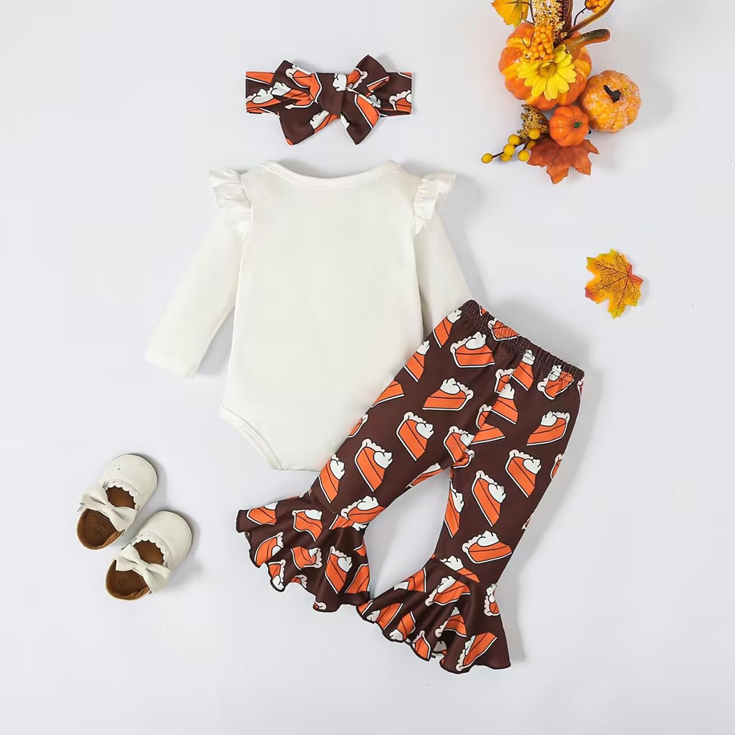 Baby Girl Thanksgiving Outfit Pumpkin Pie Romper+Flare Pants Newborn Girl Turkey Day Clothes 0-18 Months