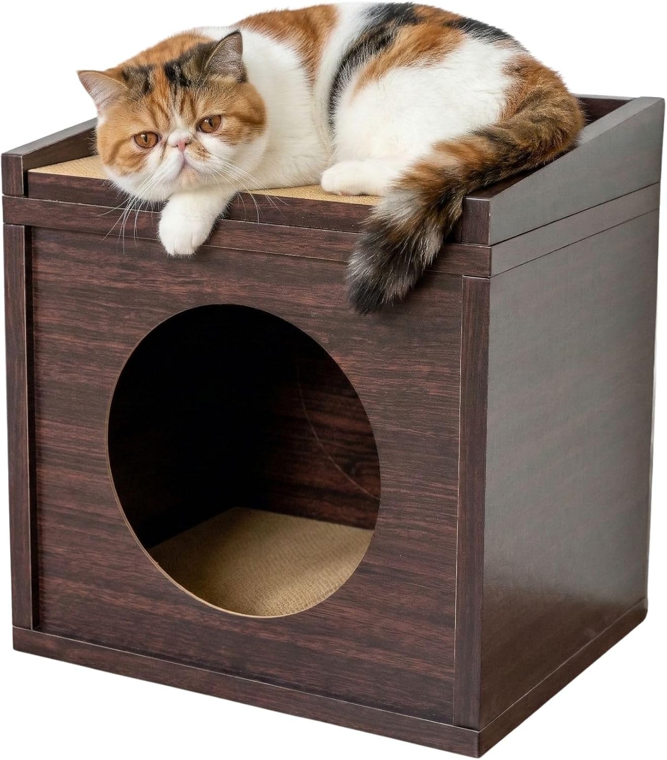Meowdium Cat House for Indoor Cats – Cat Condo with 5X Longer-Lasting Cardboard Scratcher, 2 Scratcher Levels, Hideout & Top Lounge, Espresso